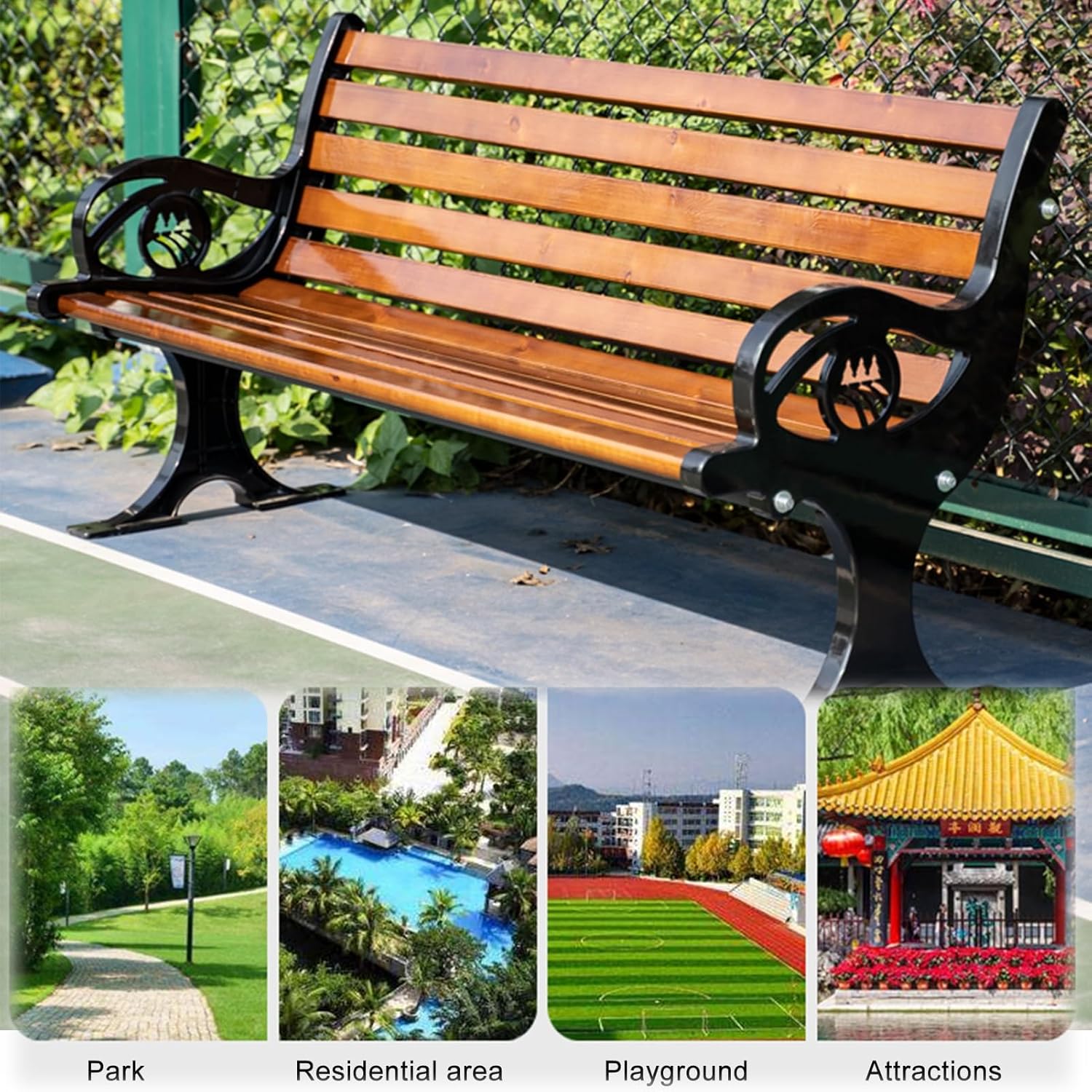 Outdoor Patio Bench, Wood Garden Bench with Armrests, 2-3Person Seat Bench with Backrest, Natural Oiled, for Park, Yard, Front, Porch, Path, Lawn, Work Entryway(59x22.4x30.7in)