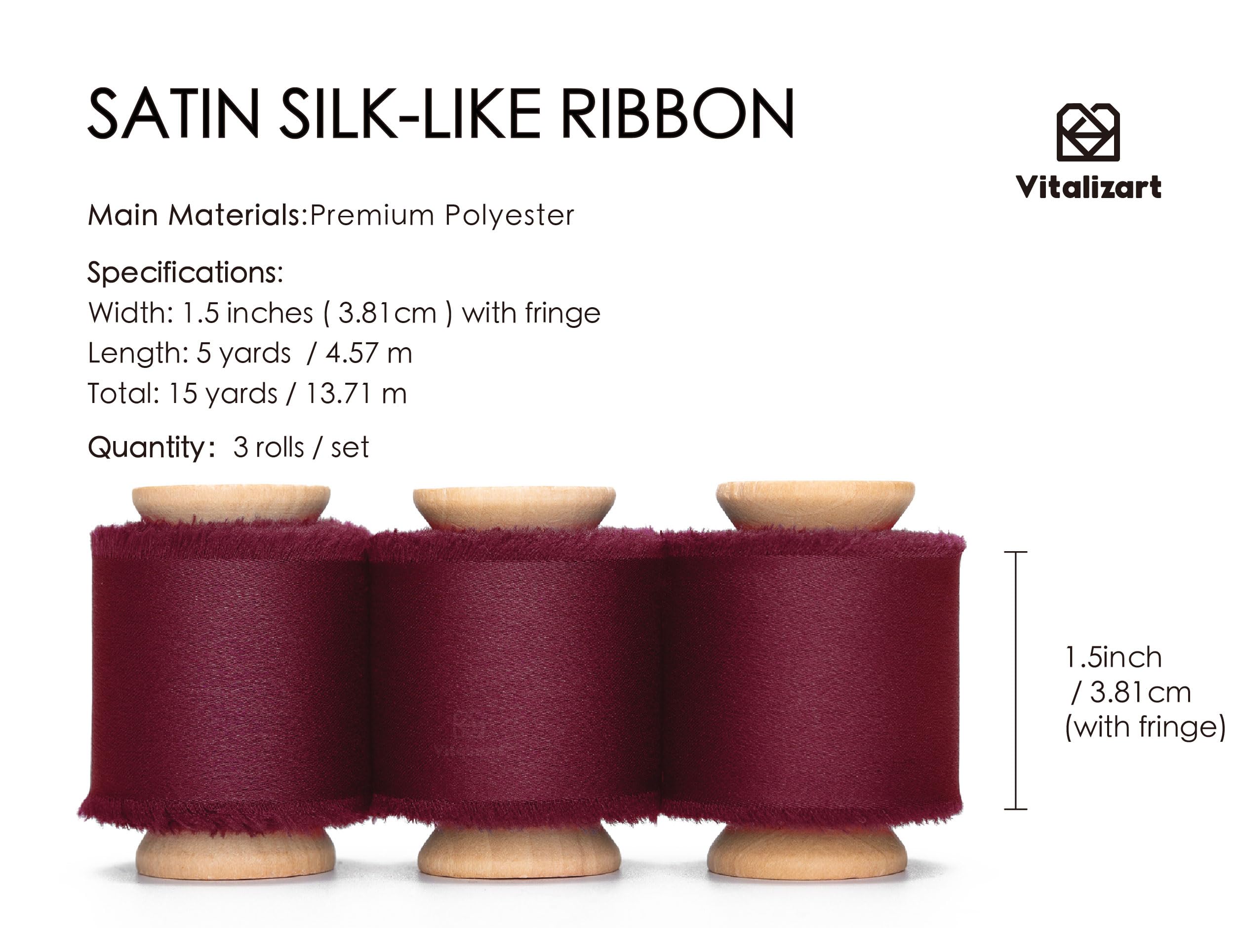 Vitalizart Burgundy Silky Satin Ribbon, 1.5'' x 15 Yard with Wooden Spool - Image 2