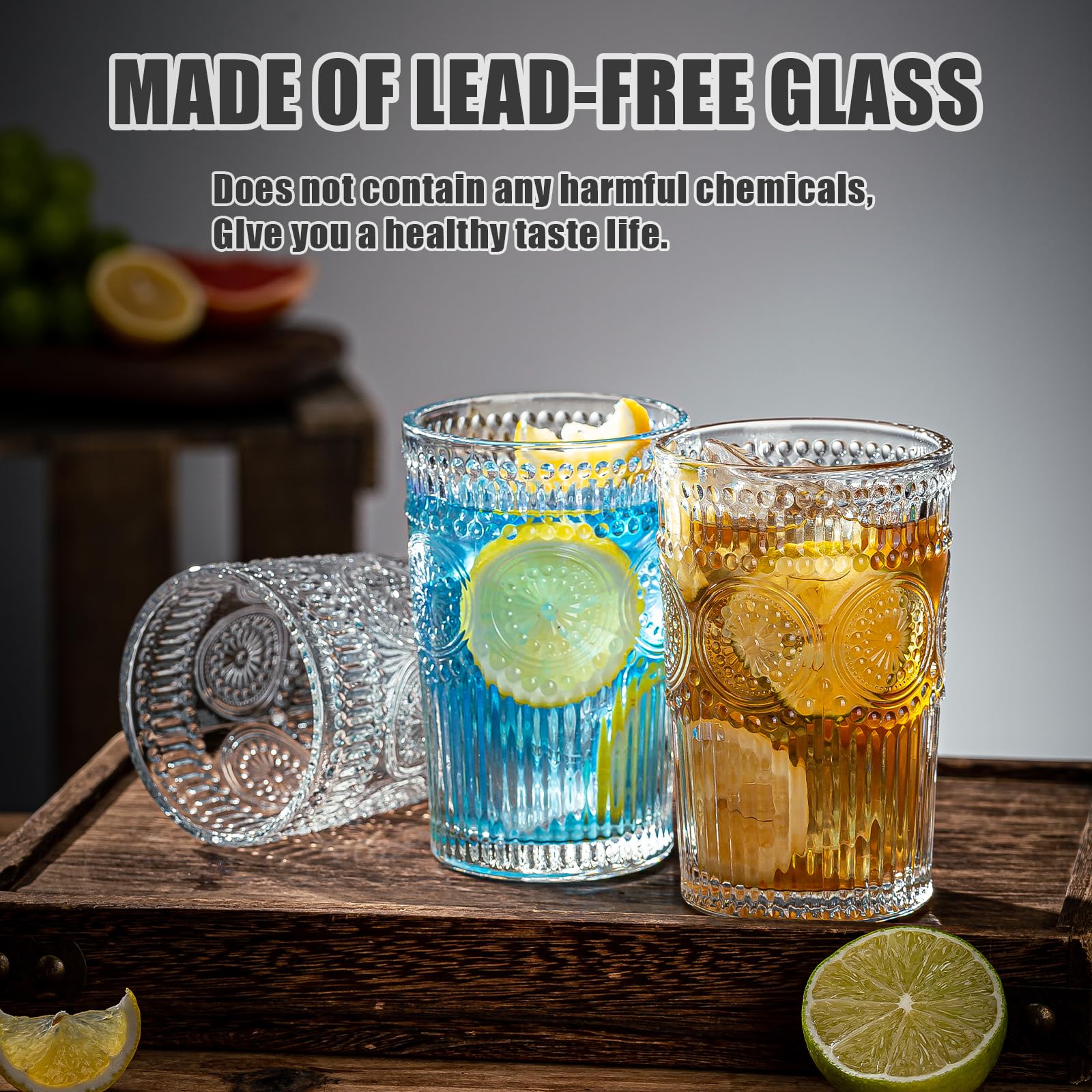Juego de 8 vasos de cristal vintage de 13.5 onzas, duraderos para cócteles, agua, jugo, cerveza, vino, edición especial, vajilla, apto para lavavajillas