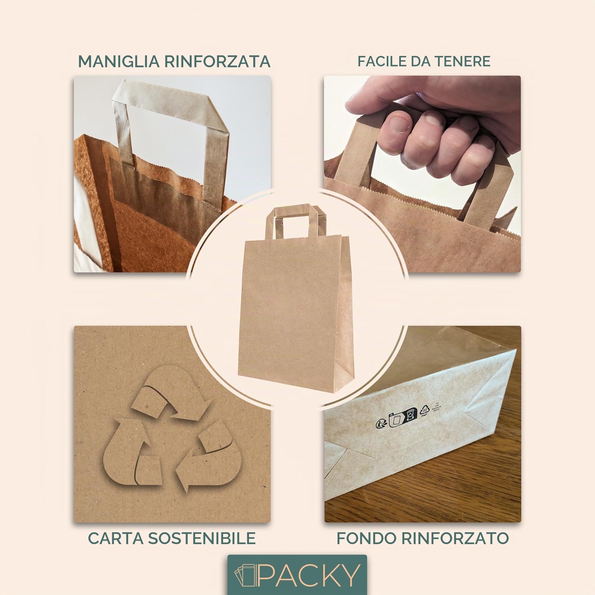 PACKY - Sacchetti Carta Con Manici 22x28x10 Cm - 250 Pezzi - Buste Carta | Ampia scelta