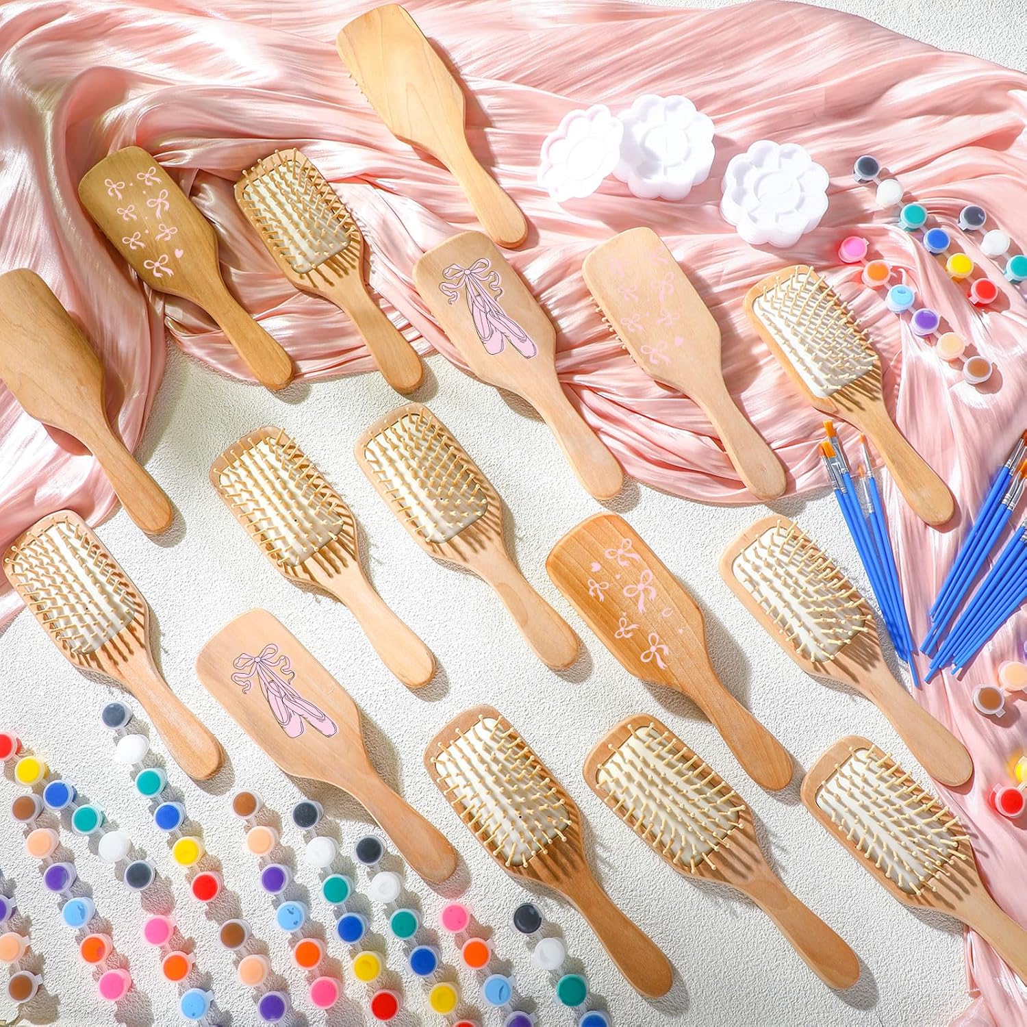 Meanplan 16 Set DIY Wooden Hairbrush Painting Kits Make Your Own Hair Brush Hand-Painted Hairbrush Night Party Supplies with Paint Brush and Palette for DIY Gift Party Crafts (Square)