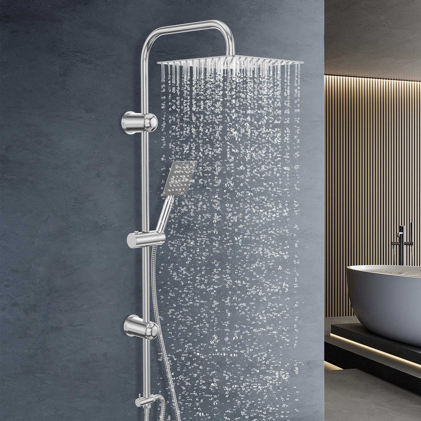 Columna Ducha Completa sin Mezclador, Duchas de Baño Columna en Acero Inoxidable, Cromado con Cabezal de Lluvia 30x30 cm y Soporte Ajustable