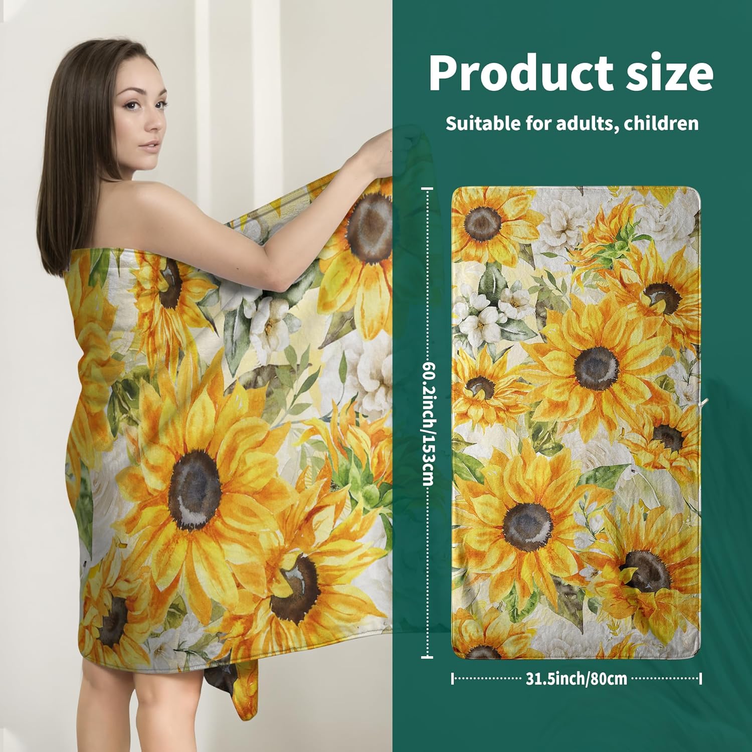 Watercolor Sunflowers Bath Towel Vintage Yellow Floral Towels Soft Absorbent Decorative Bath Sheets for Bathroom - Image 3