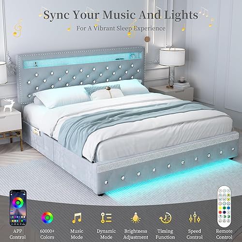 Miniatura 3 de Marco de Cama Queen con LED con 2 cajones, Marco de Cama con Plataforma Tapizada de Servicio Pesado tamaño Queen con almacenamiento y cabecera Negro