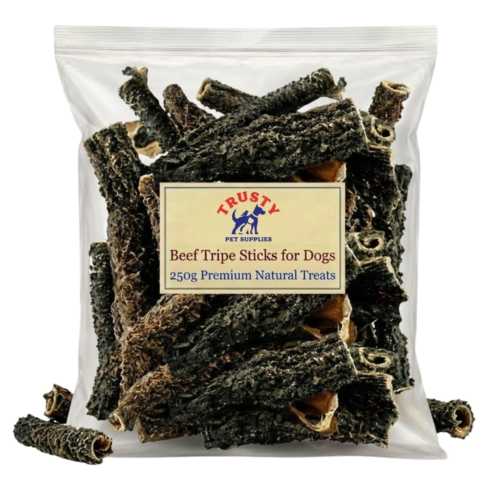 Beef Tripe Sticks for Dogs 250g | Natural Dog Treats | Dental Sticks Dogs Love | Hypoallergenic & Grain Free Dog Treats | Healthy High Value Dog Treats | by Trusty Pet Supplies