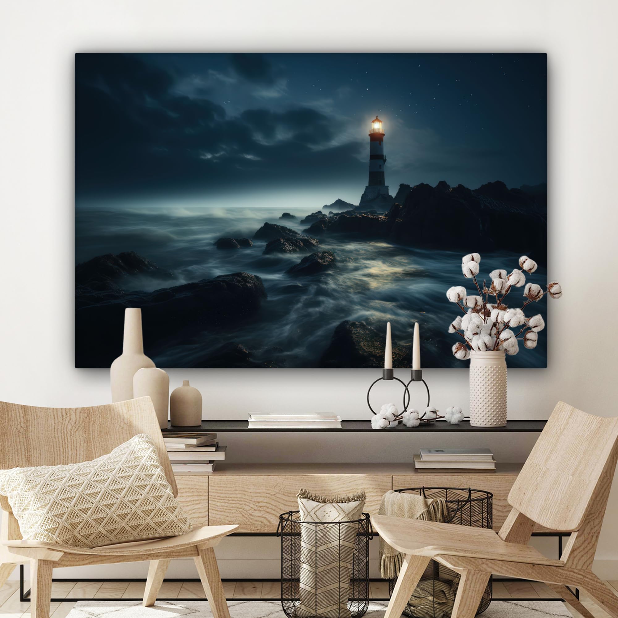 MuchoWow© Cuadros Salon Modernos 120x80 cm Adornos Pared Decorativos Dormitorio Lienzo Pinturas Quadro Decoración Marinas - Marineros - Faro - Mar - Niebla - Rocas - Marinera - Paisaje