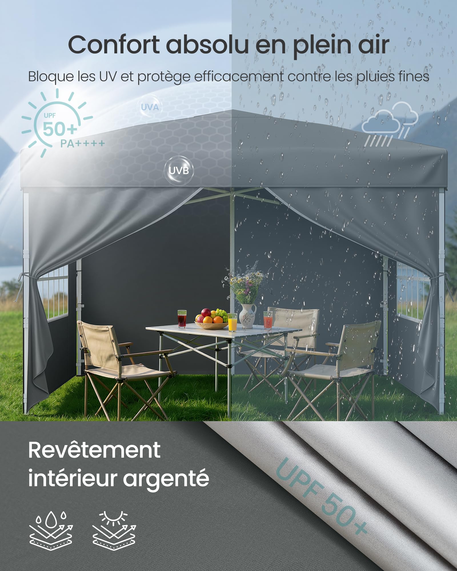 SONGMICS Tonnelle, Chapiteau Pliable, Protection Solaire, Résistante aux Petites Pluies, Portable, avec Parois Latérales, pour Cour, Jardin, Marché, 3 x 3 m, Gris Foncé GCT104GZ01