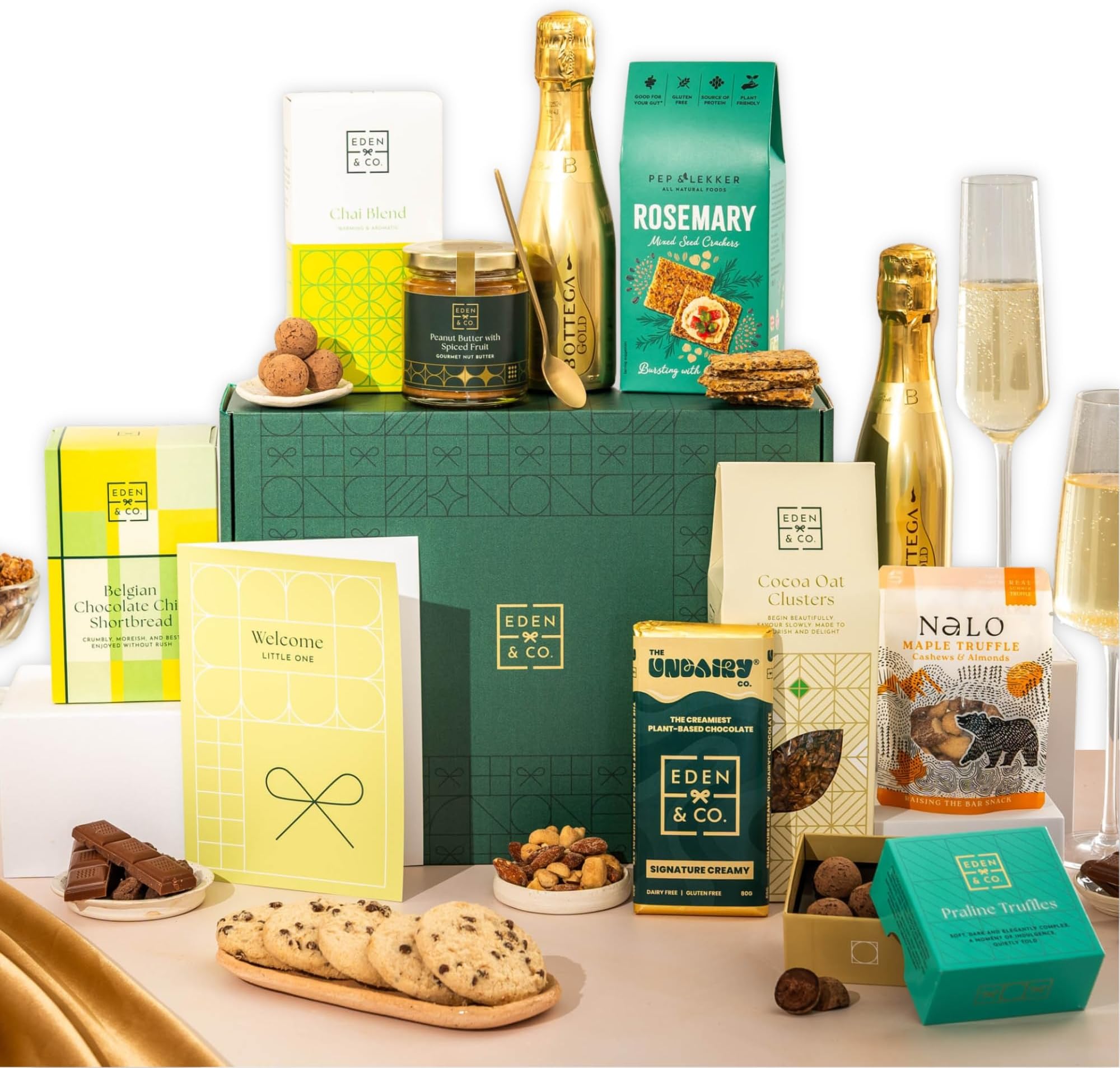 Vegan Hamper with Truffles & Hot Chocolate Set, New Baby Gift Hamper Mum Plus 1 Prosecco by EDEN & CO