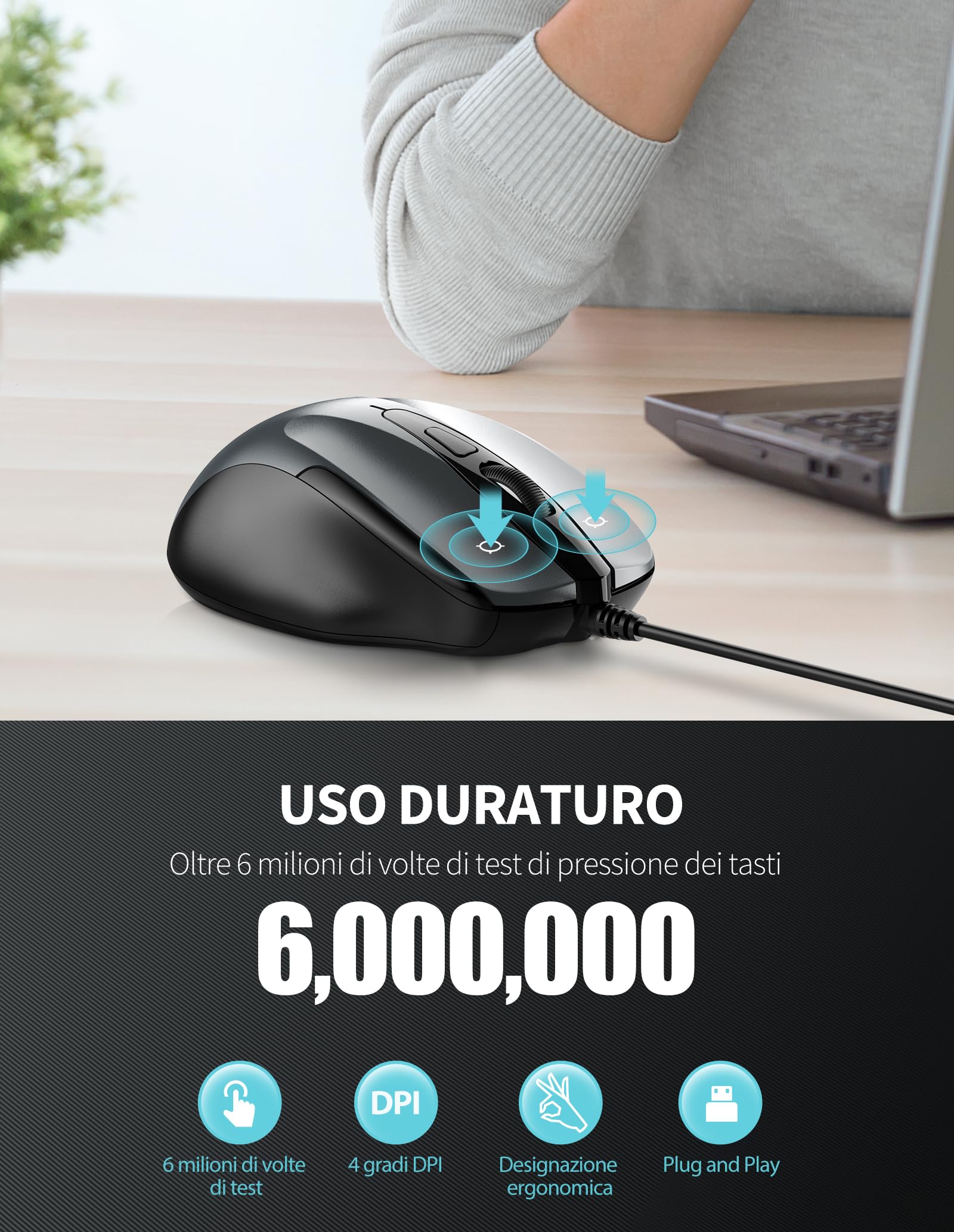 TECKNET PRO Mouse con Filo, 6400 DPI Mouse Ottico Cablato, 6 Pulsanti, Cavo USB 1.5M, Plug and Play, Mouse Ergonomico con Filo per PC, Computer, Laptop, Mac Laptop - Grigio