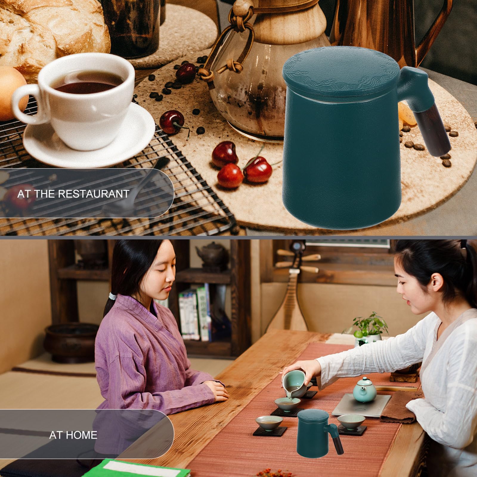 Zerodeko Taza de Té de Cerámica con Infusor y Tapa y Base Antideslizante Capacidad 320ml Mango de Madera Antiescaldaduras para Oficina y Hogar