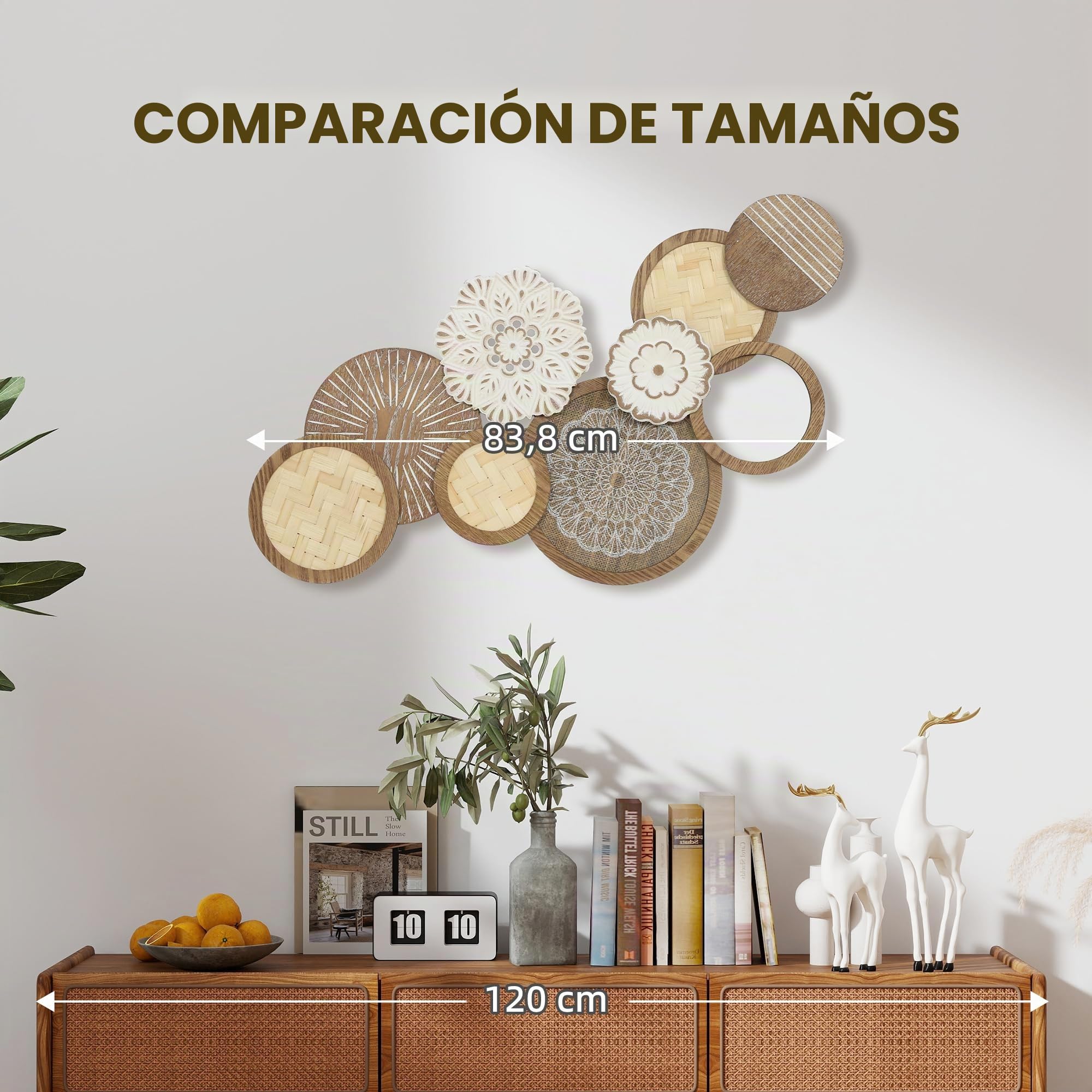 HOMCOM Decoración de Pared Moderna de Madera 83,8x44,5 cm Madera Natural | Escultura de Pared Geométrica, Diseño Único Multi-Disco, Decoración Colgante, Sala de Estar, Dormitorio, Oficina