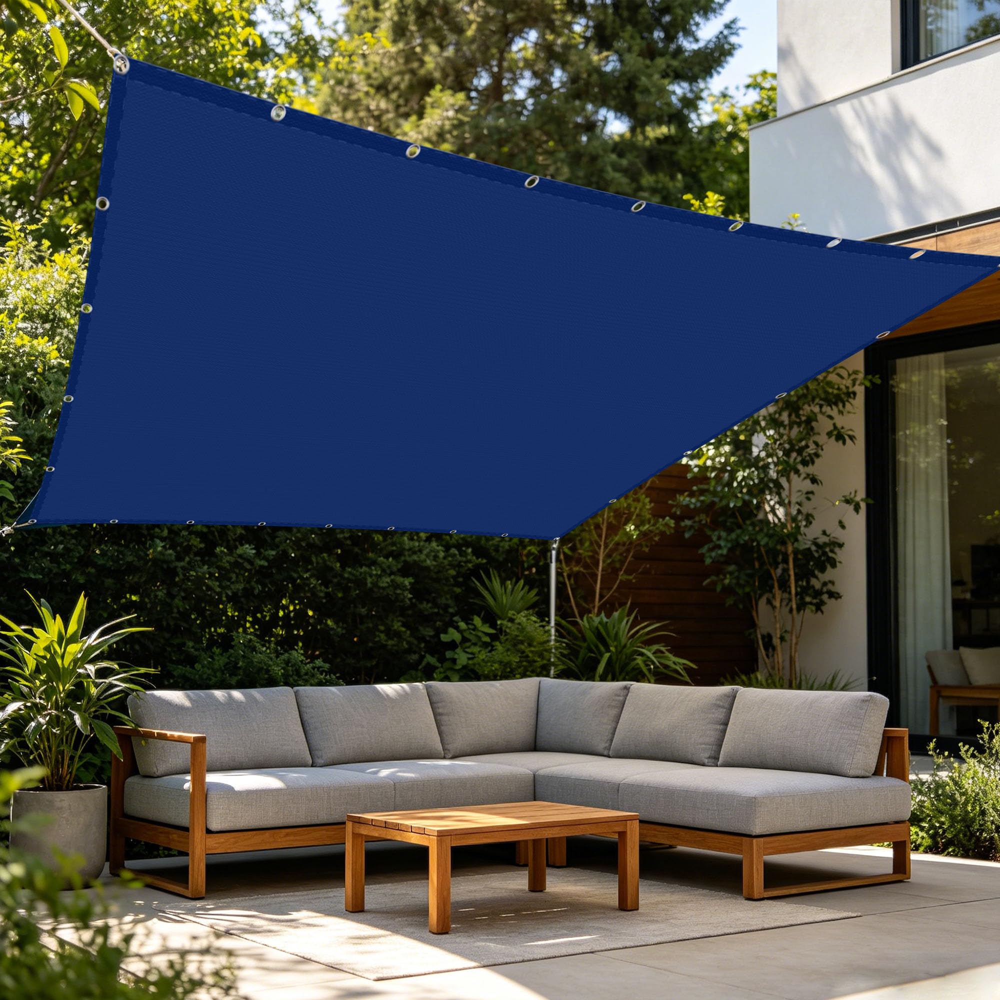 Voile d'ombrage 5.5x8m imperméable bleu foncé avec oeillets et cordons pour jardin