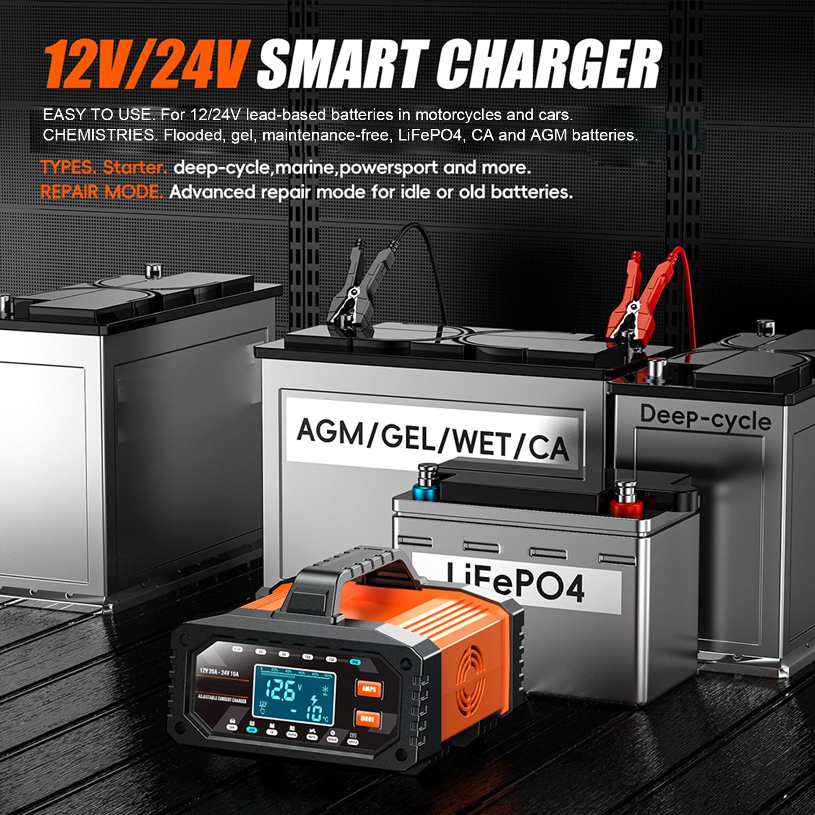 Tbest Ładowarka Akumulatorów 12V 20A 24V 10A Inteligentna ładowarka Podtrzymująca Automatyczny Konserwator Akumulatorów Odsiarczający z Trybem Naprawy do Samochodowych (wtyczka UE)