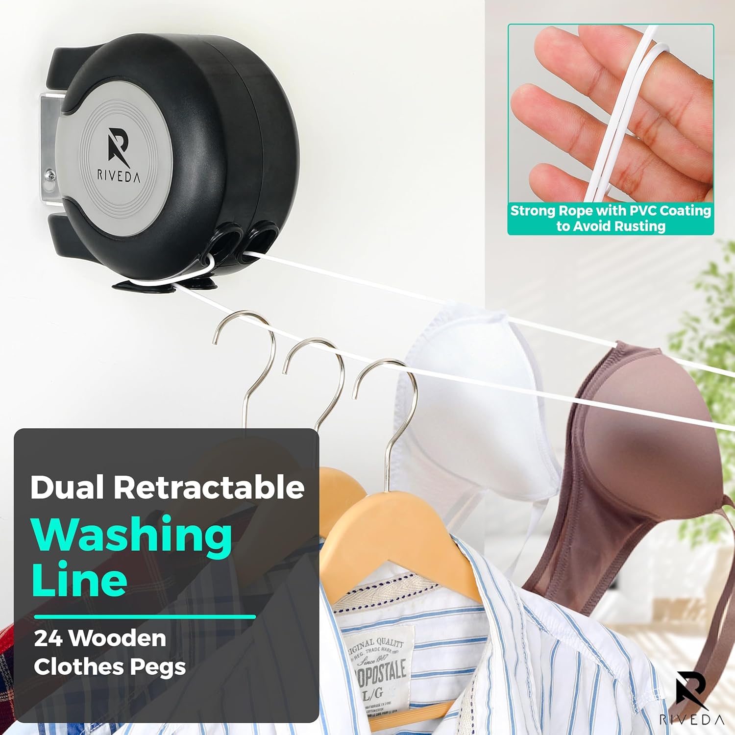 RIVEDA Dual Retractable Clothesline 49 ft Each Line with 24 Clothes Pins - Heavy Duty Clothes Line Indoor & Outdoor Laundry Line -Double Clothing line - Easy Installation (Black)