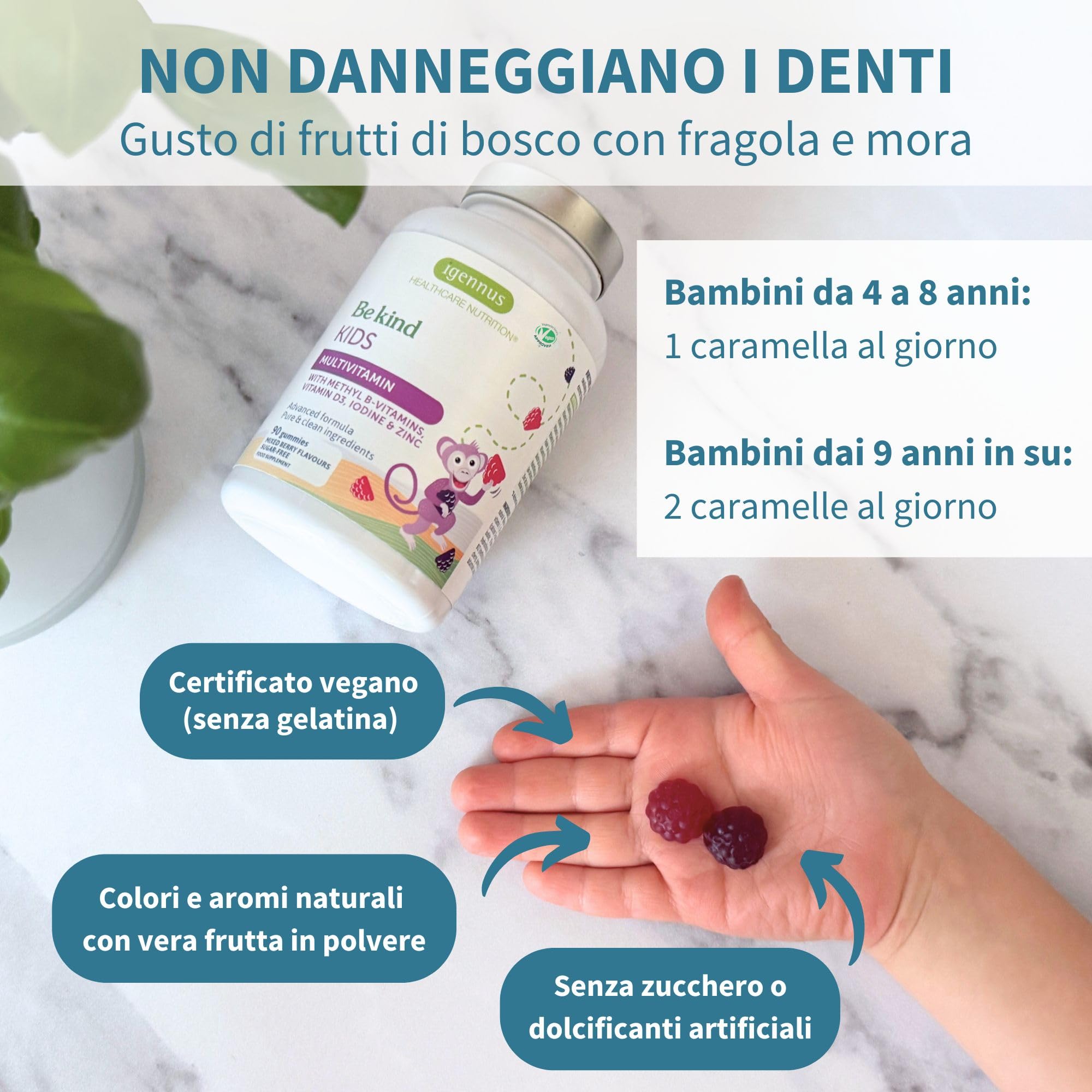 Multivitaminico Metilato per Bambini Età 4+, Vitamine Gommose Senza Zucchero con Vitamine B Biodisponibili e Vitamina D, Ingredienti Puri e Testasti da Terzi, 90 Caramelle ai Frutti di Bosco, Igennus