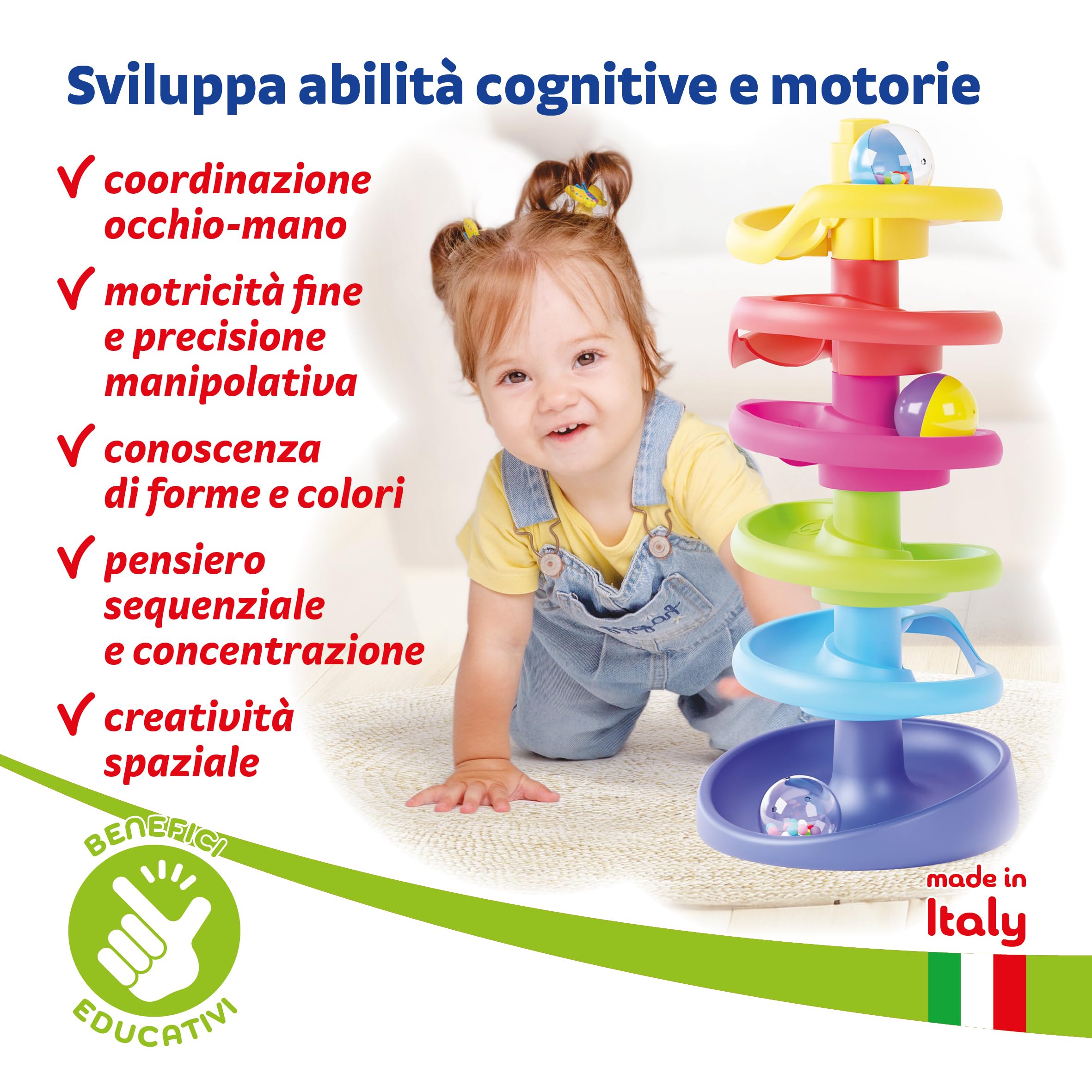 Quercetti Spiral Tower Pista Biglie per Bambini, Giochi Bambini 1 Anno 100% Made in Italy, Gioco Educativo con 5 Spirali, 3 Biglie Grandi con Sonagli, Regalo Bimbo 1 Anno Sicuro e Divertente