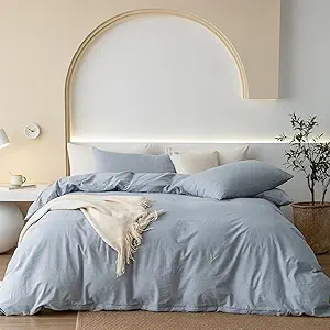 JIYUAN 100% Washed Cotton Duvet Cover Set 2 Pieces Twin, 1 Duvet Cover 68x90 Inches(Comforter Not Included) and 1 Pillowcases,Linen Feel Bedding Set Comfy and Breathable, Heathered Light Blue