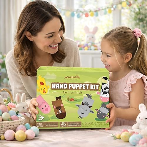 Miniatura 8 de jackinthebox Kit de fabricación de marionetas de mano, 6 animales de granja, kit de manualidades de fieltro para niños, kit creativo de manualidades
