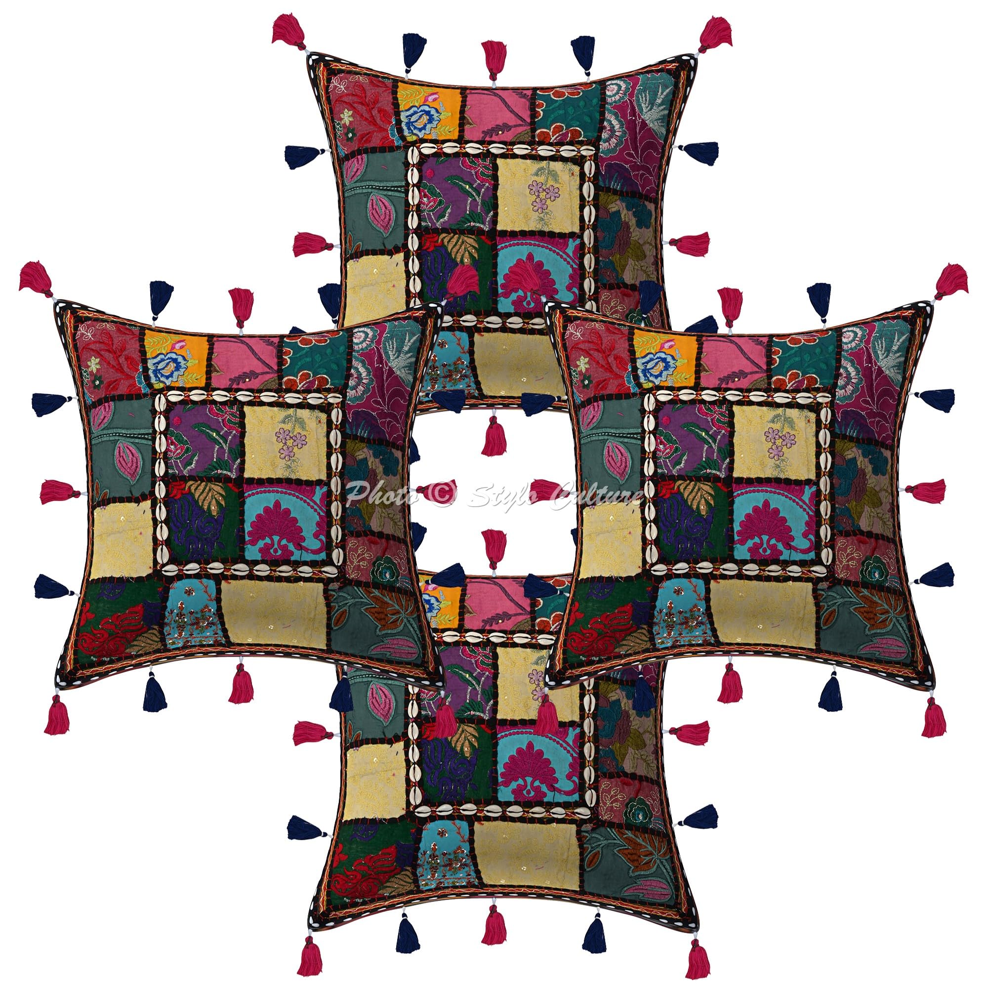 Ethnisch Dekorativ Baumwolle Sofa Kissenbezüge 40x40 cm Schwarz Dekokissen Gesticktes Patchwork Wohnzimmer Couch Kissenhullen Blumen Quadrat Umschlagverschluss Kissen Bezüge - 4 STK.
