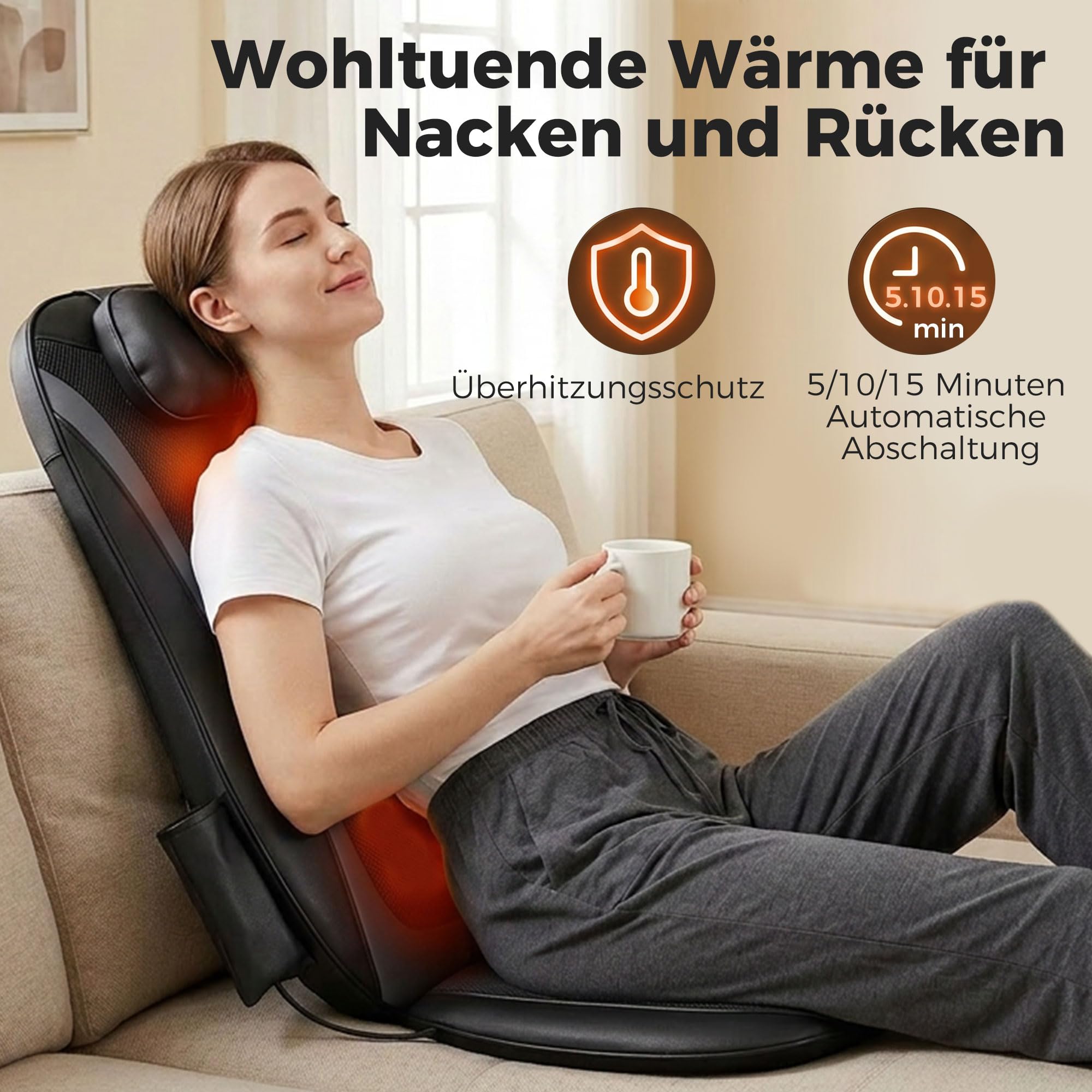 HOMCOM Massagesitzauflage Shiatsu mit Wärme, Tiefenmassage, Massagegerät | 3-stufiger Sitzvibration, Rückenmassager für Rückenschmerzen, Ideal für Büro und Zuhause, Geschenk für Männer und Frauen