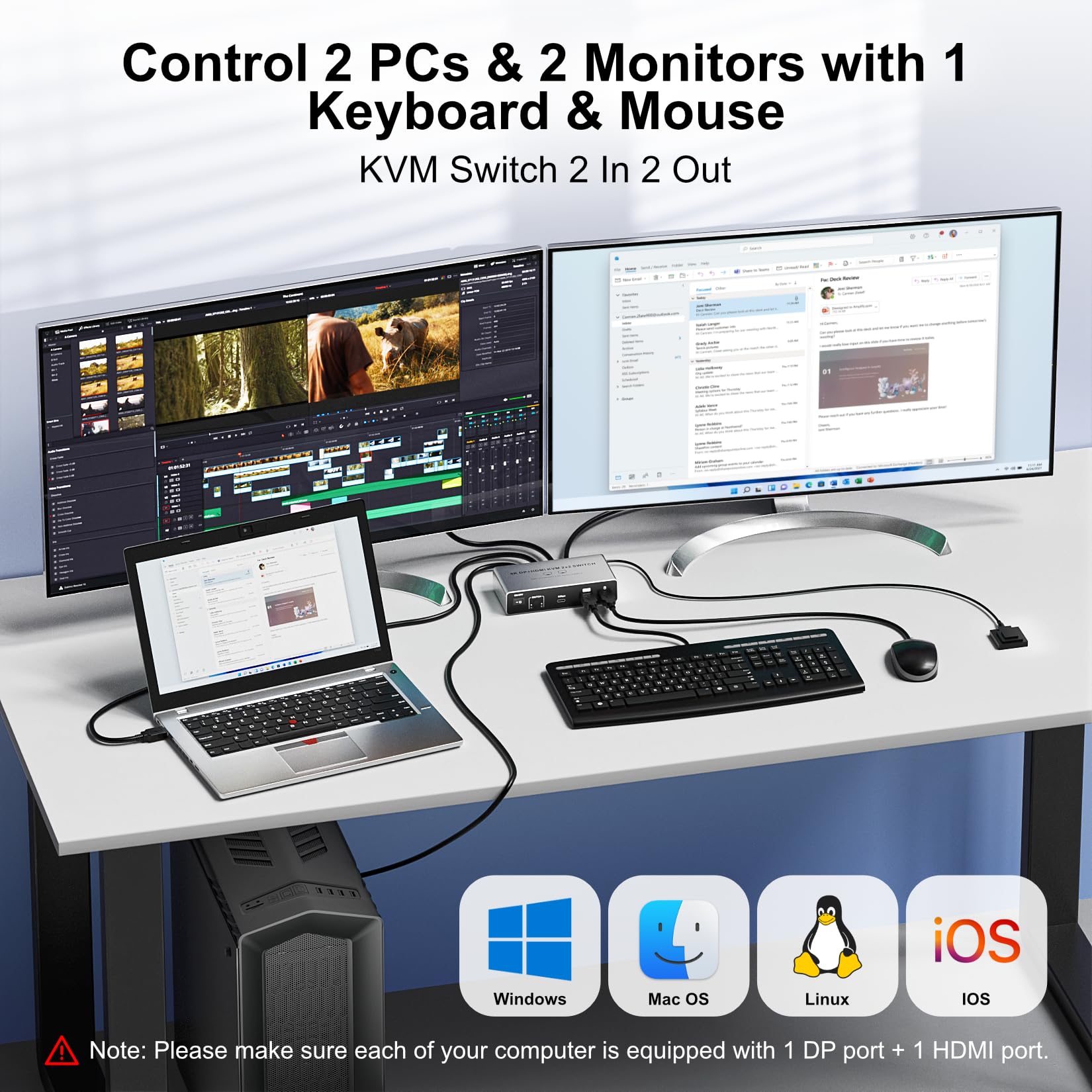 BolAAzuL Switch KVM HDMI+DP per 2 Monitor & 2 PC, 8K@60Hz 4K@120Hz HDMI 2.1 & DP1.4, Espandibile/Specchio Divide Tastiera/Mouse/USB 3.0, con Controller & 2 Cavi USB