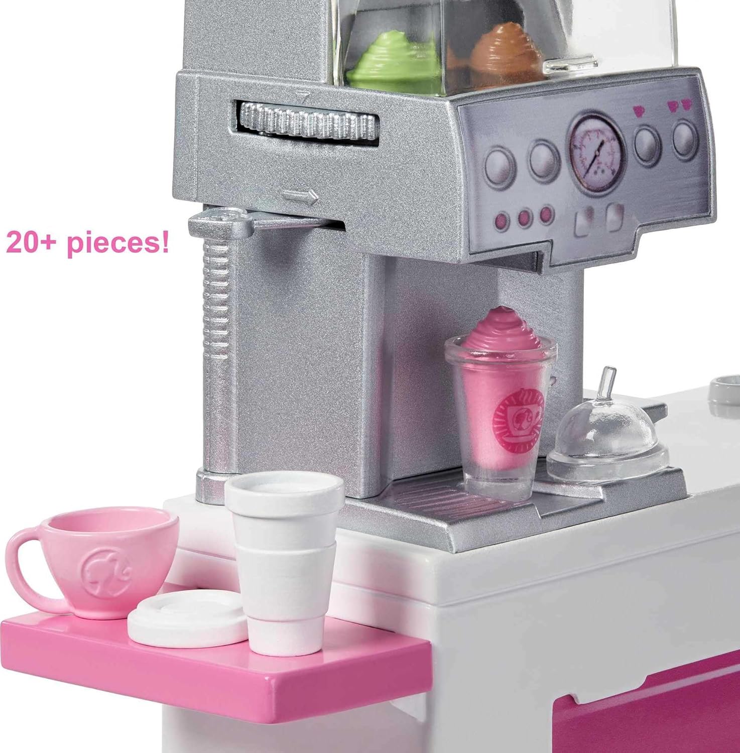 Barbie Coffee Shop with Blonde Curvy Doll and 20+ Realistic Play Pieces: Coffee Shop, Coffee-Smoothie Maker, Milk, Syrup, Coffee & Smoothie Cups & More; for Kids Age 3+