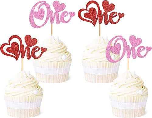 Ercadio Paquete de 24 adornos para cupcakes de corazón rojo y rosa con purpurina de corazón para el primer cumpleaños aniversario decoración de