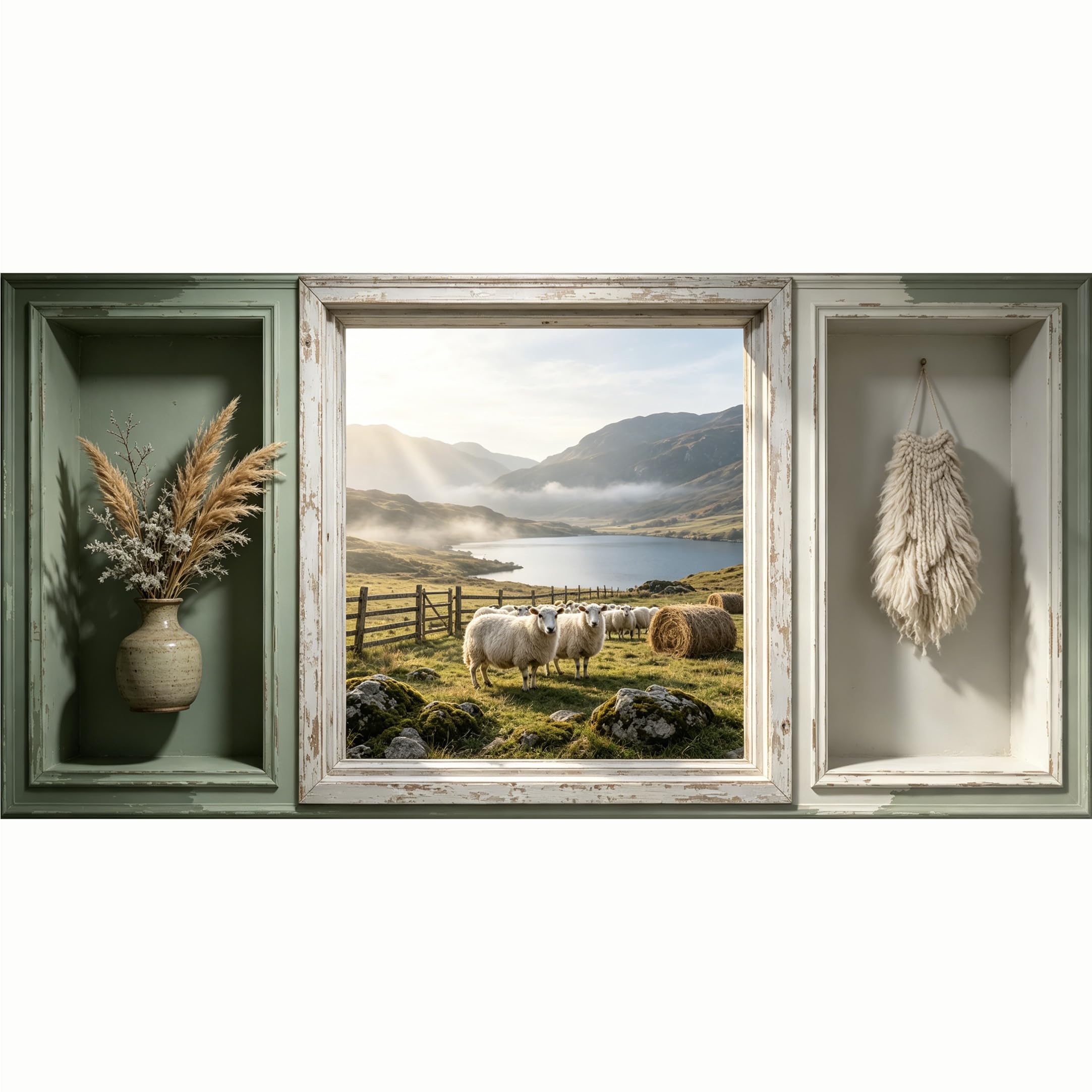 QZLITHOTIC 50x100cm 3D Framed Wall Art， Farmhouse Sheep Meadow Lake Landscape Self‑Adhesive Mural， Water‑Activated Peel & Stick Fabric Decor Wall Decal for Bedroom Living Room