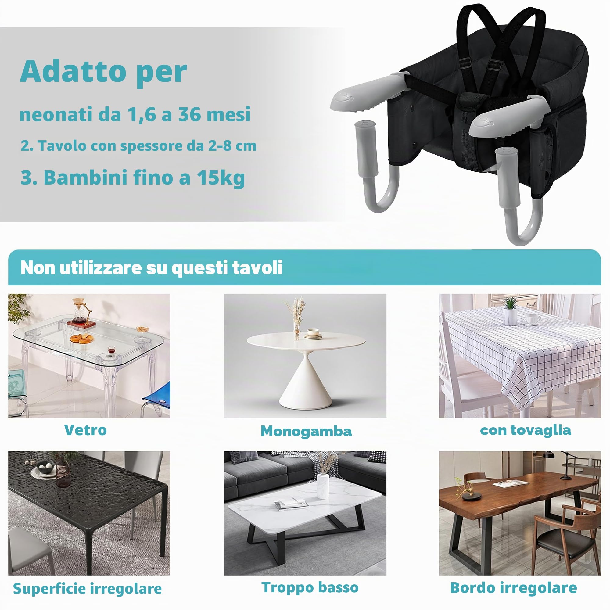 UISEBRT Seggiolino da tavolo pieghevole per bambini, con morsetti antiscivolo e cintura di sicurezza, per la casa e il viaggio, colore nero