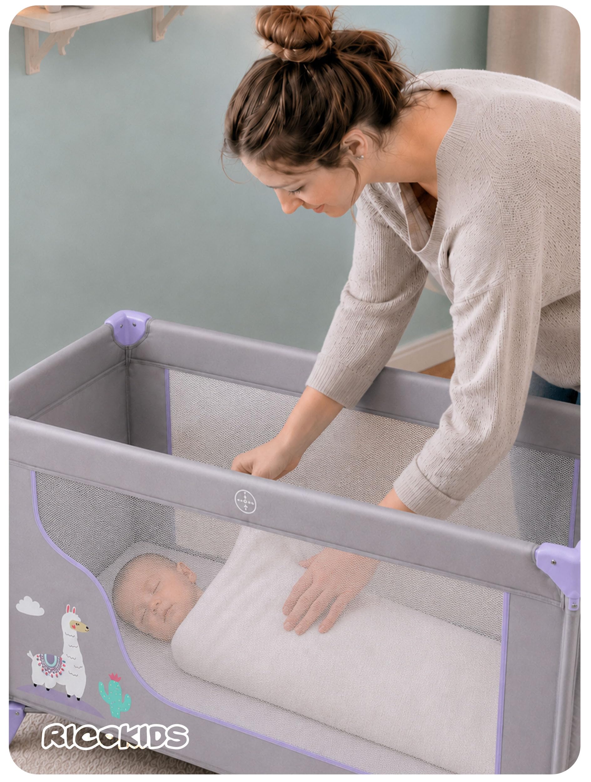 Ricokids Łóżeczko turystyczne dla niemowląt z materacem 123,5 x 64 x 76 cm do 15 kg 2 koła z hamulcami jasnoszary lawendowy