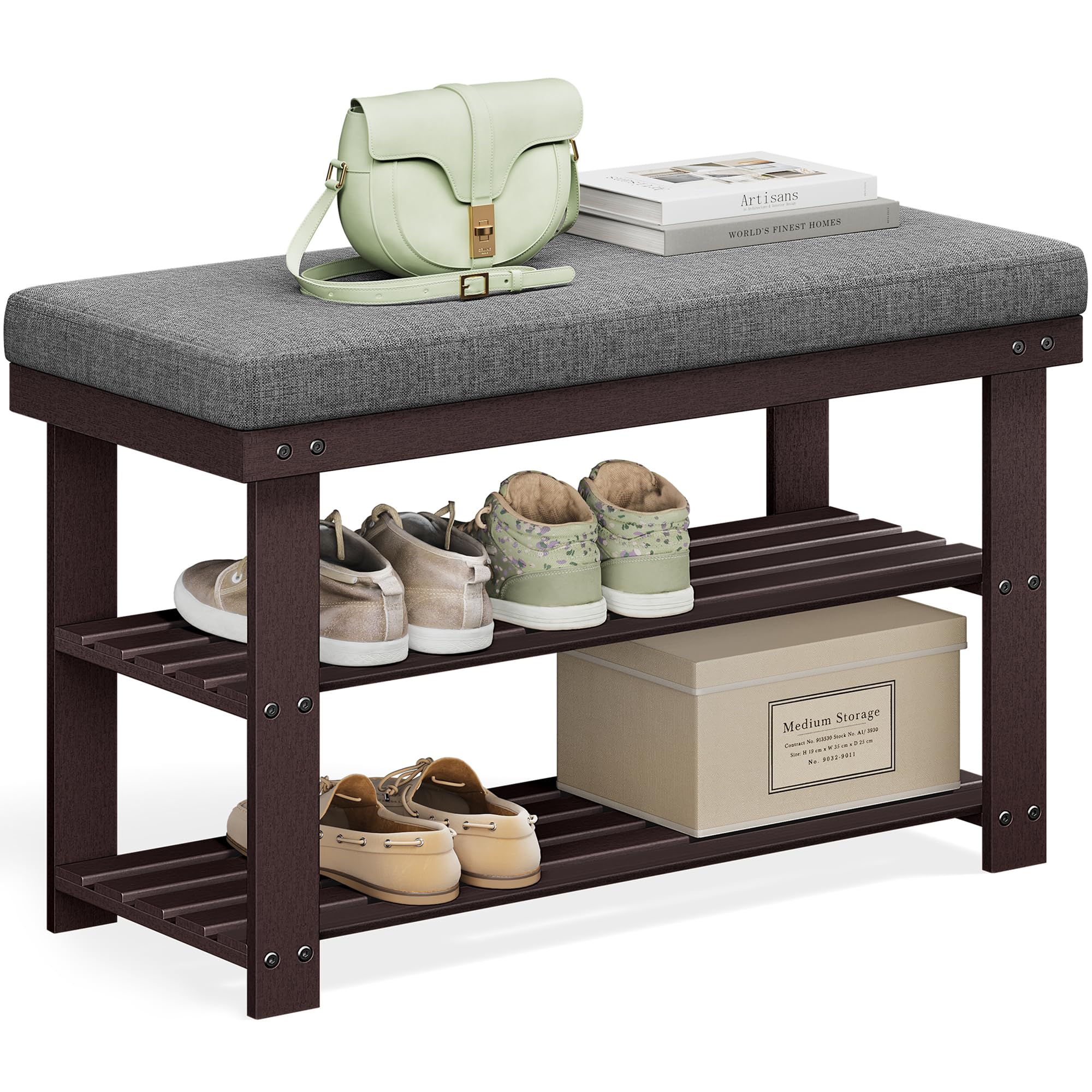 SONGMICS Bamboo Shoe Bench, 3-Tier Shoe Rack Organizer for Entryway, Living Room, Bench Seat Holds Up to 300 lb, 11.9 x 28.3 x 19.2 Inches, Rustic Walnut and Slate Gray ULBS604CG