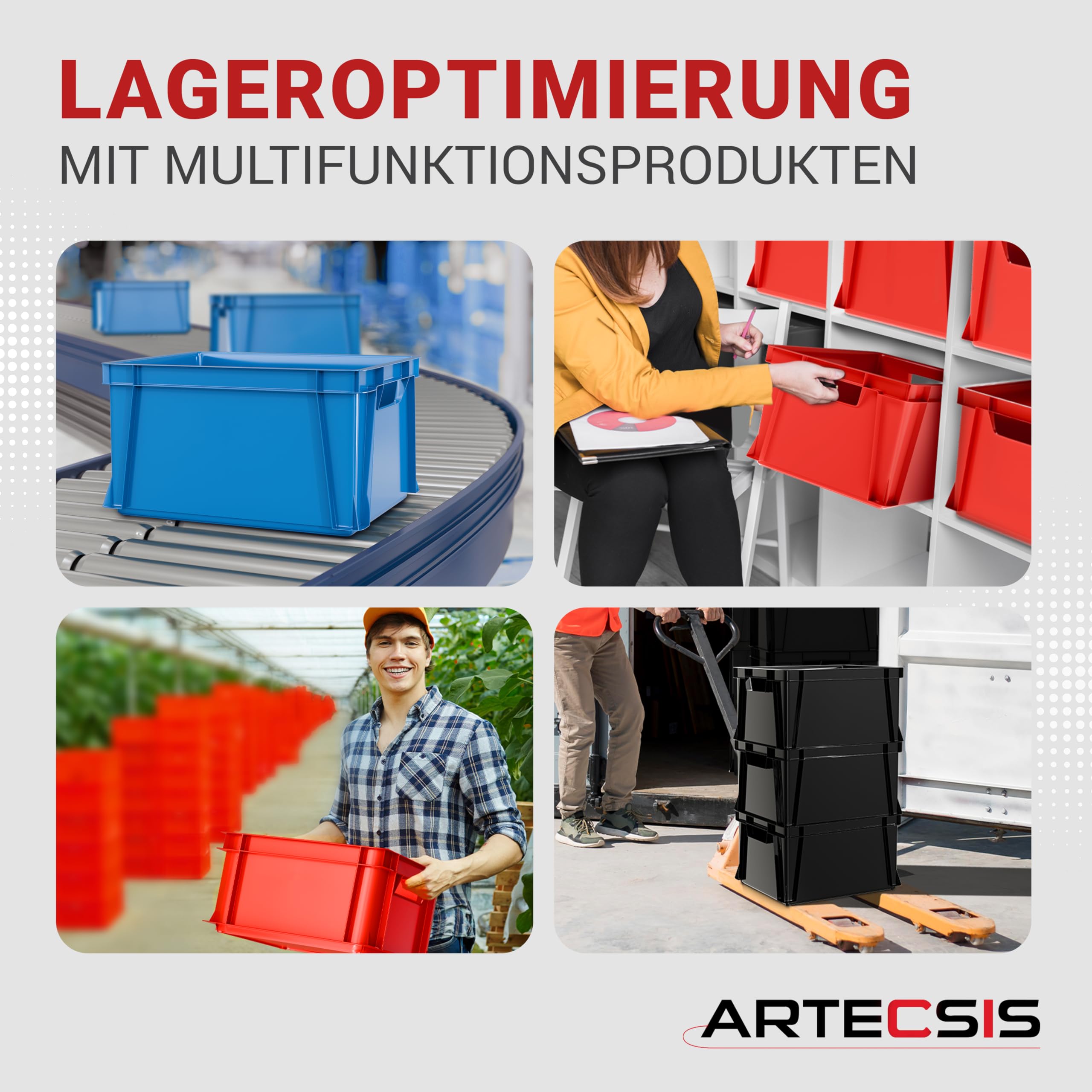 ARTECSIS® 5 x Kunststoffkiste 11L (stapelbar) anthrazit - Transport & Lagerbox (35x24x18cm) - Aufbewahrungsbox & Lagerkiste aus stabilem Kunststoff - Ordnungsbox & Transportkiste Garten & Werkstatt