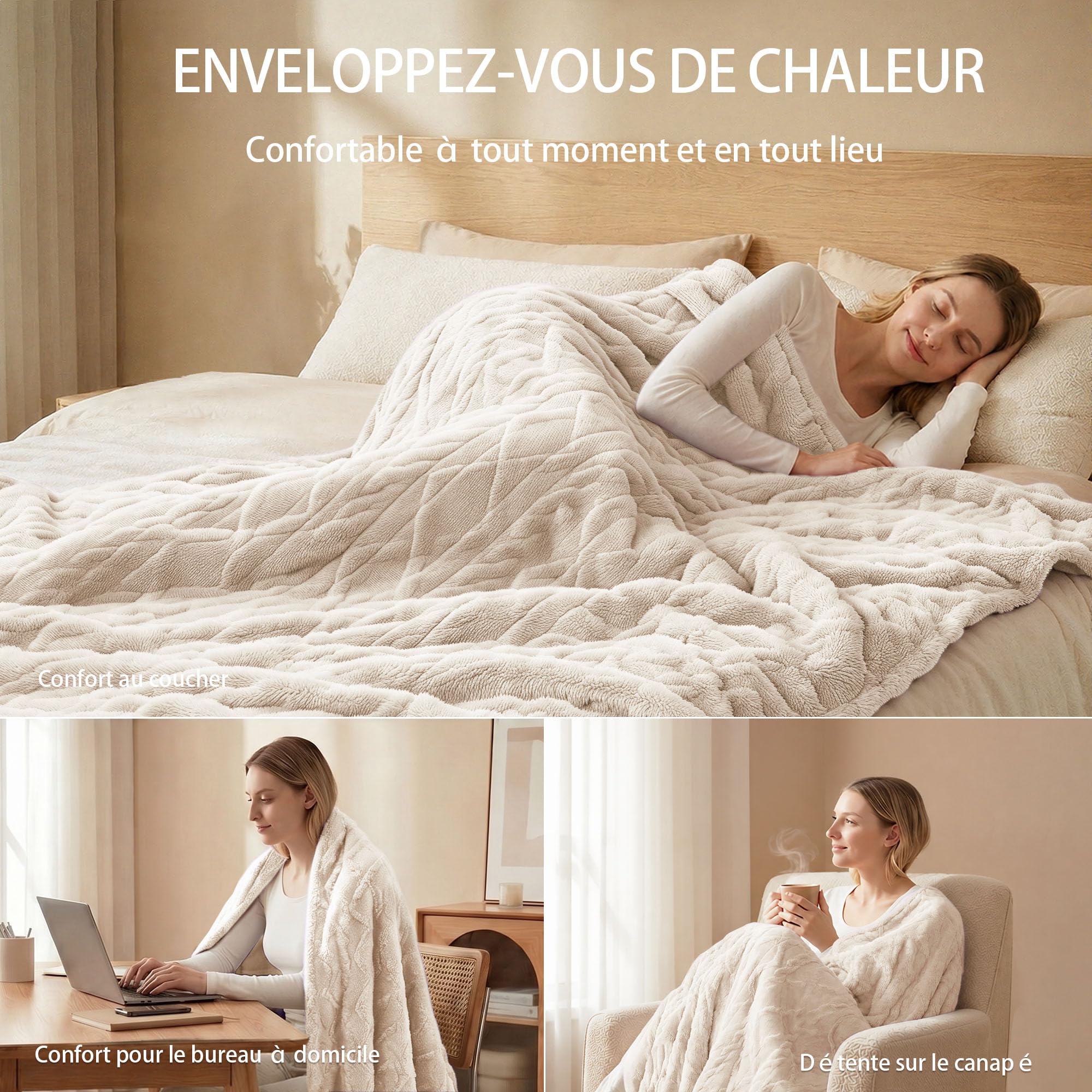 Couverture Chauffante 130x160cm, Couverture Douce Lavable,Beige