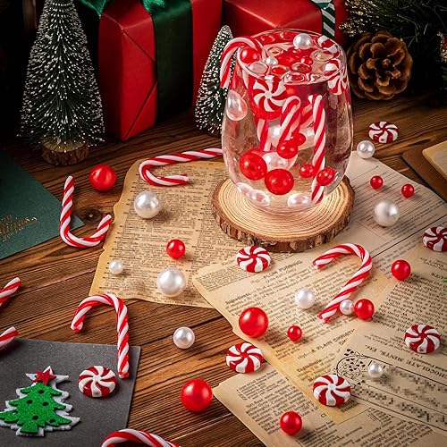 Miniatura 4 de 120 piezas de relleno de jarrón de Navidad, cuentas de perlas de bastón de caramelo blancas y rojas, perlas de imitación flotantes para decoración
