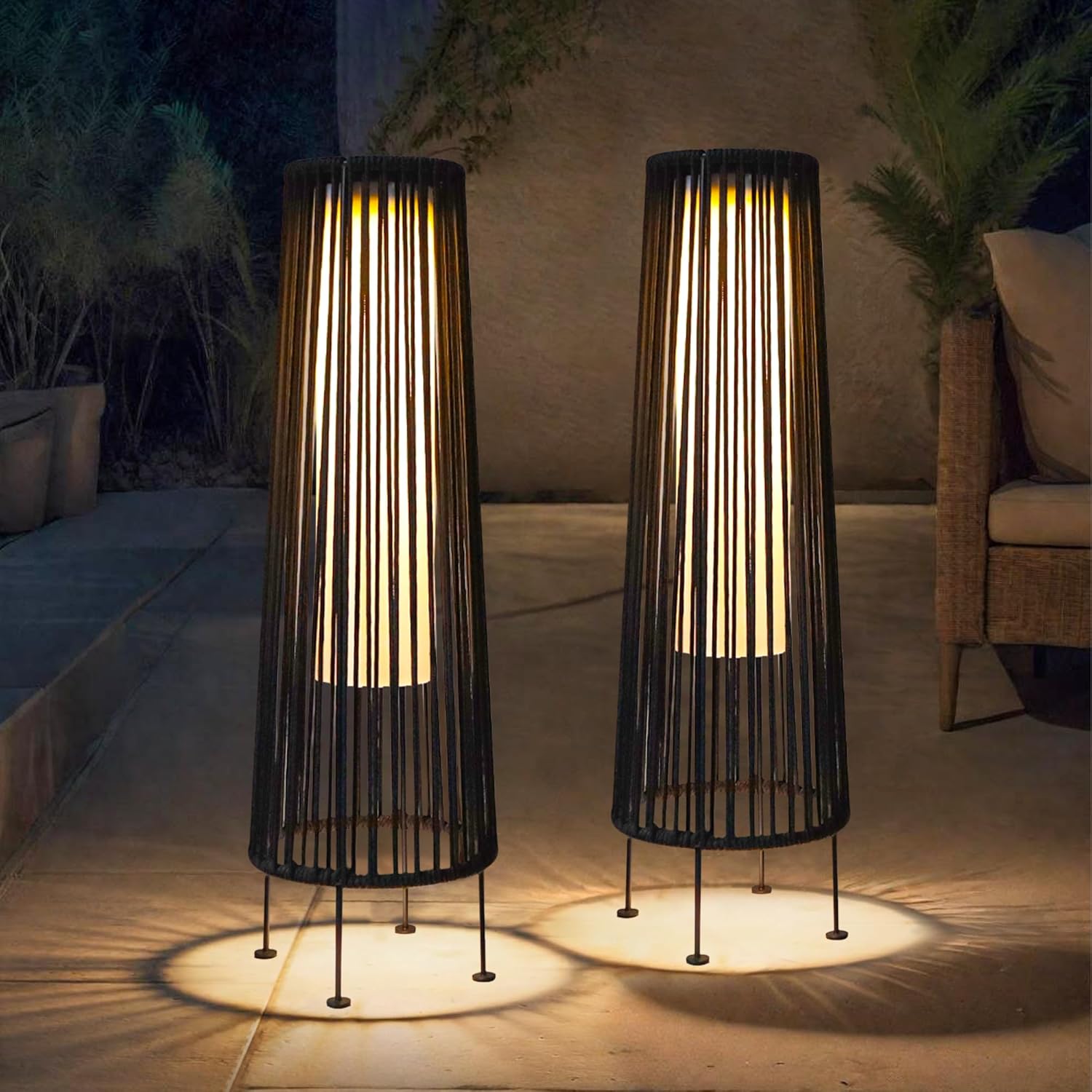 TRIROCKS Outdoor Floor Lamp 2 Piece Solar Powered Lantern Wicker Solar Patio Lamp with Olifen Rope Waterproof Rattan Outside Solar Deck Light for Patio Garden Lawn Yard (Black)