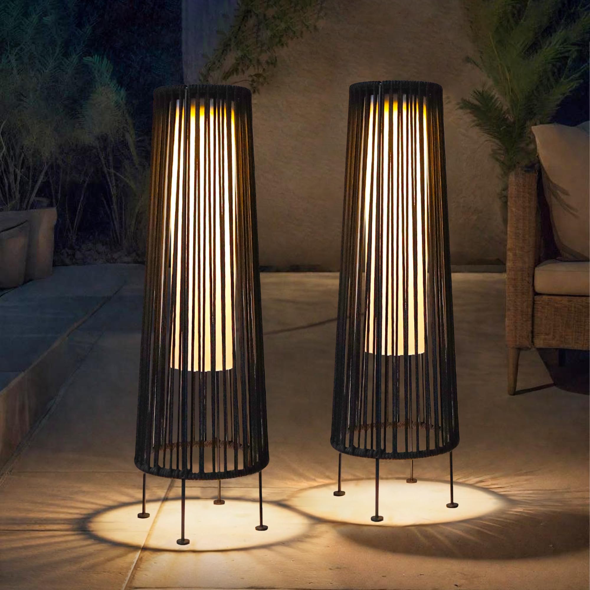 Trirocks Light Brown 68 Cm H Outdoor Floor Lamp 2 Pcs Solar Powered Lantern Wicker Solar Patio Lamp With Olefin Rope Waterproof Rattan Led Deck Light Garden Outside Light For Porch Yard Pathway Patio Lawn (Black)