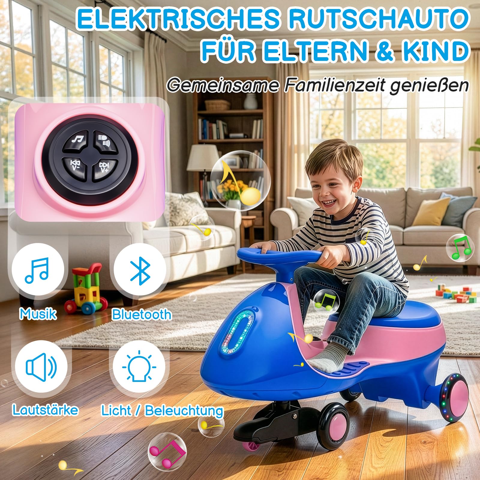 LALAHO Auto elettrica per bambini, 12 V, con pedale, auto elettrica a 2 velocità, protezione antiribaltamento, Bluetooth, per bambini dai 3 anni in su (blu e rosa)
