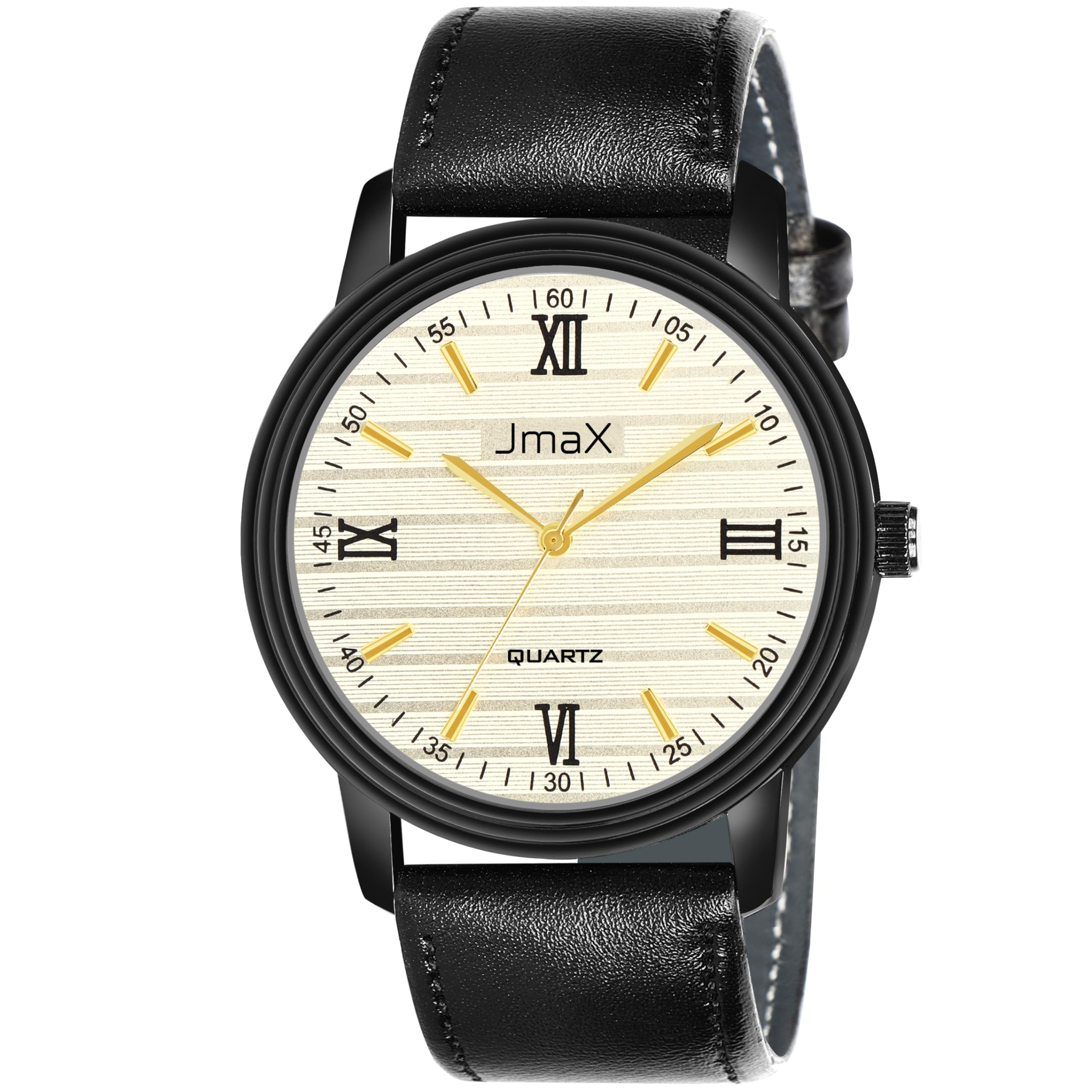 JmaxMen's Roman Numeral Silver Dial Analog Watch with Black Leather Strap, Classic Wristwatch with Quartz Movement, for Casual & Business Wear