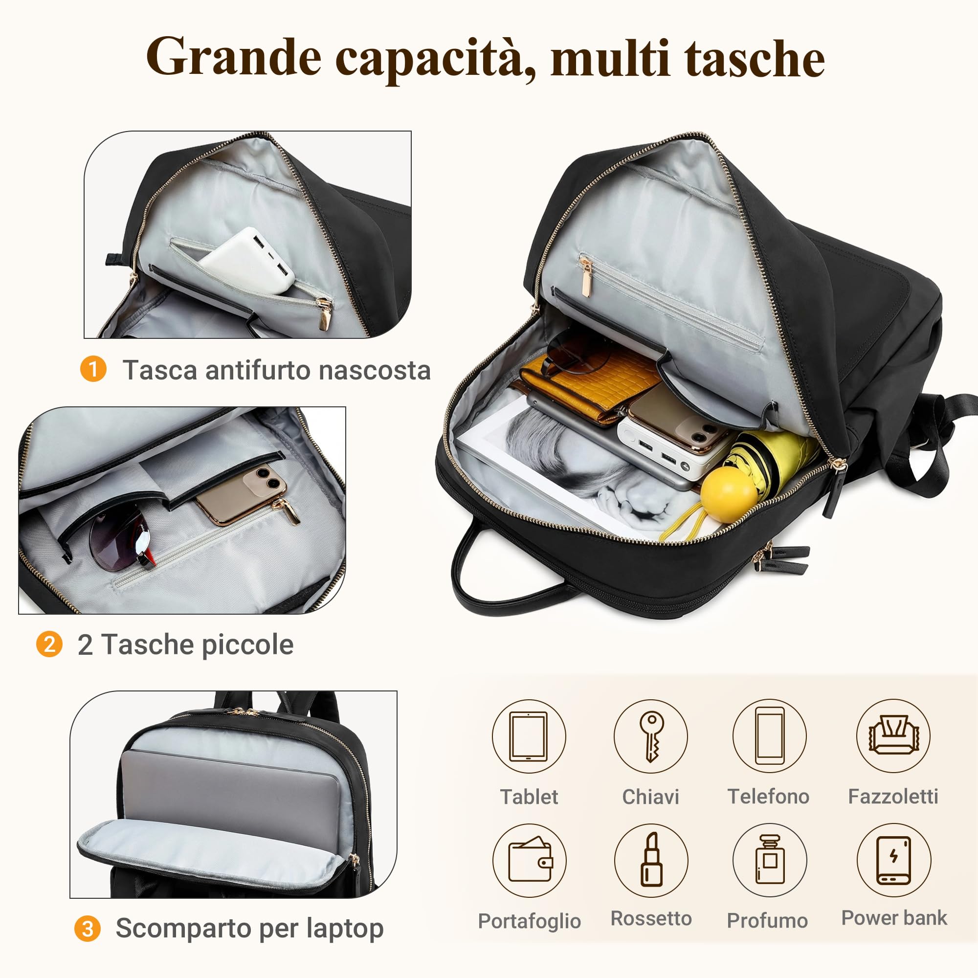 Zaino Semplice Donna Elegante Zaino Antifurto per 15,6 Pollici Laptop con Maniglia Borsa del College Casuale Viaggio Vacanza Quotidiano Impermeabile Nylon Donna Borse da Scuola Nero