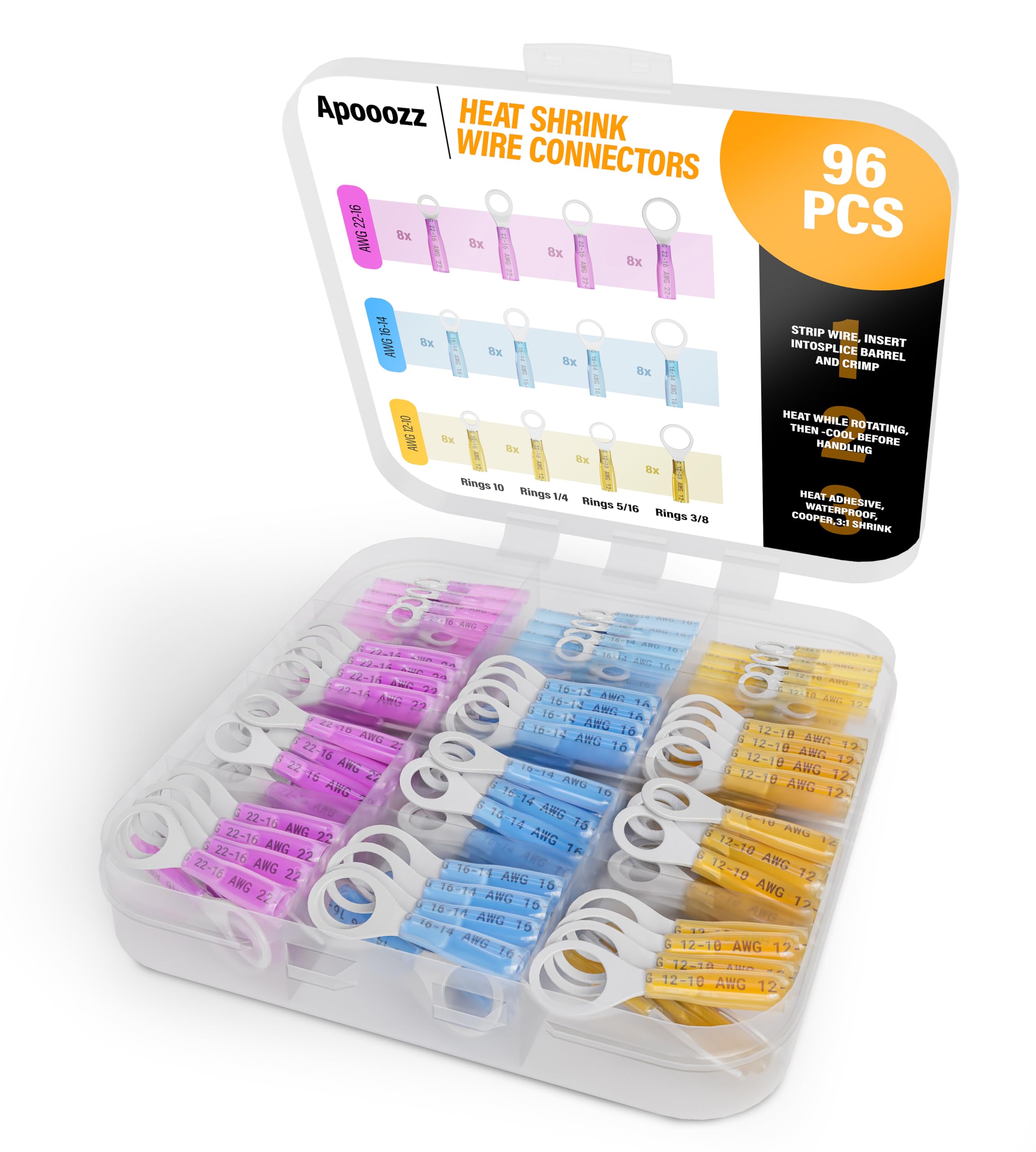 Kit di 96 connettori termorestringenti per cavi, terminali elettrici impermeabili, anelli isolati, ideali per progetti elettrici leggeri, applicazioni fai da te e hobby