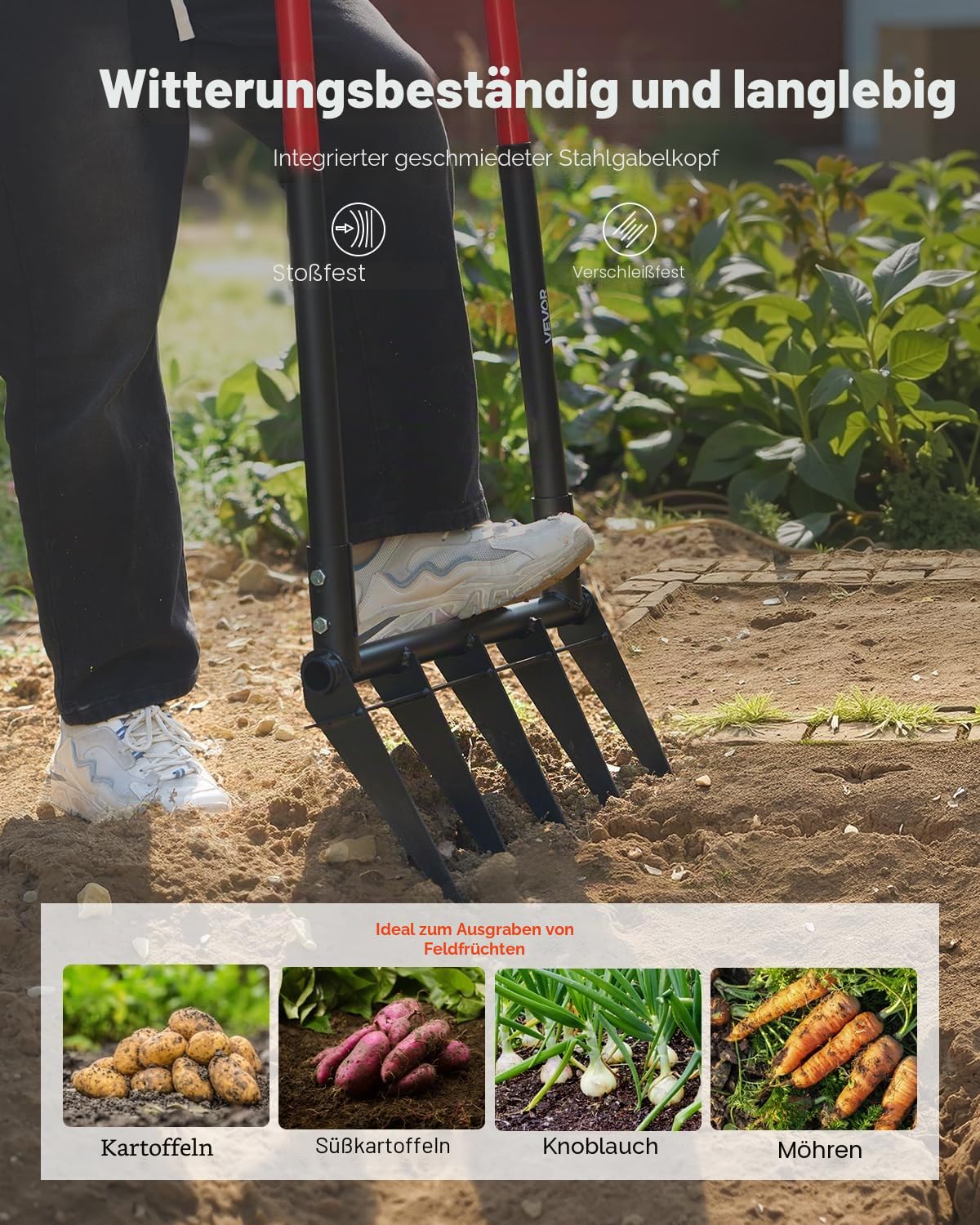 VEVOR Broadfork Doubleshaft 510x320 mm, 5-Zinken-Grabegabel mit Zwei Fiberglasgriffen, robuste Spatengabel, ergonomisches U-förmiges Design, Gartengerät zum Kompostieren, Umpflanzen & Belüften