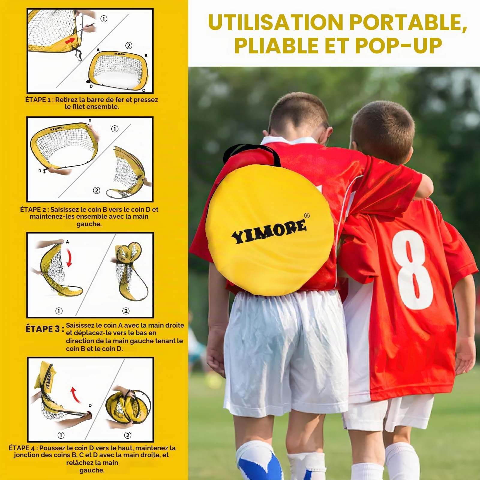 YIMORE But de Foot Enfant Extérieur, 4 Modes Cage de Foot Pop up, Pliable Mini Cage de Foot 120 x 80 x 80 cm avec Sac Porté, pour Jardin, la Cour, Plage