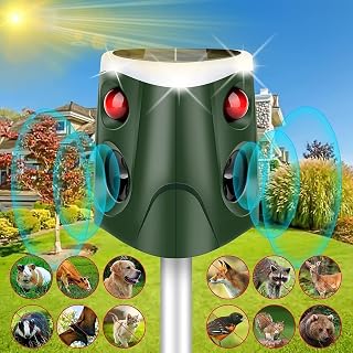 360° Ultrasonic Animal Repeller, Outdoor Animals Deterrent Solar Dog Chaser, Ultrasonic Solar Powered Animal Repeller Waterproof Animals Repeller Protect Farm for Dog, Cat, Bird, Rabbit, Raccoon