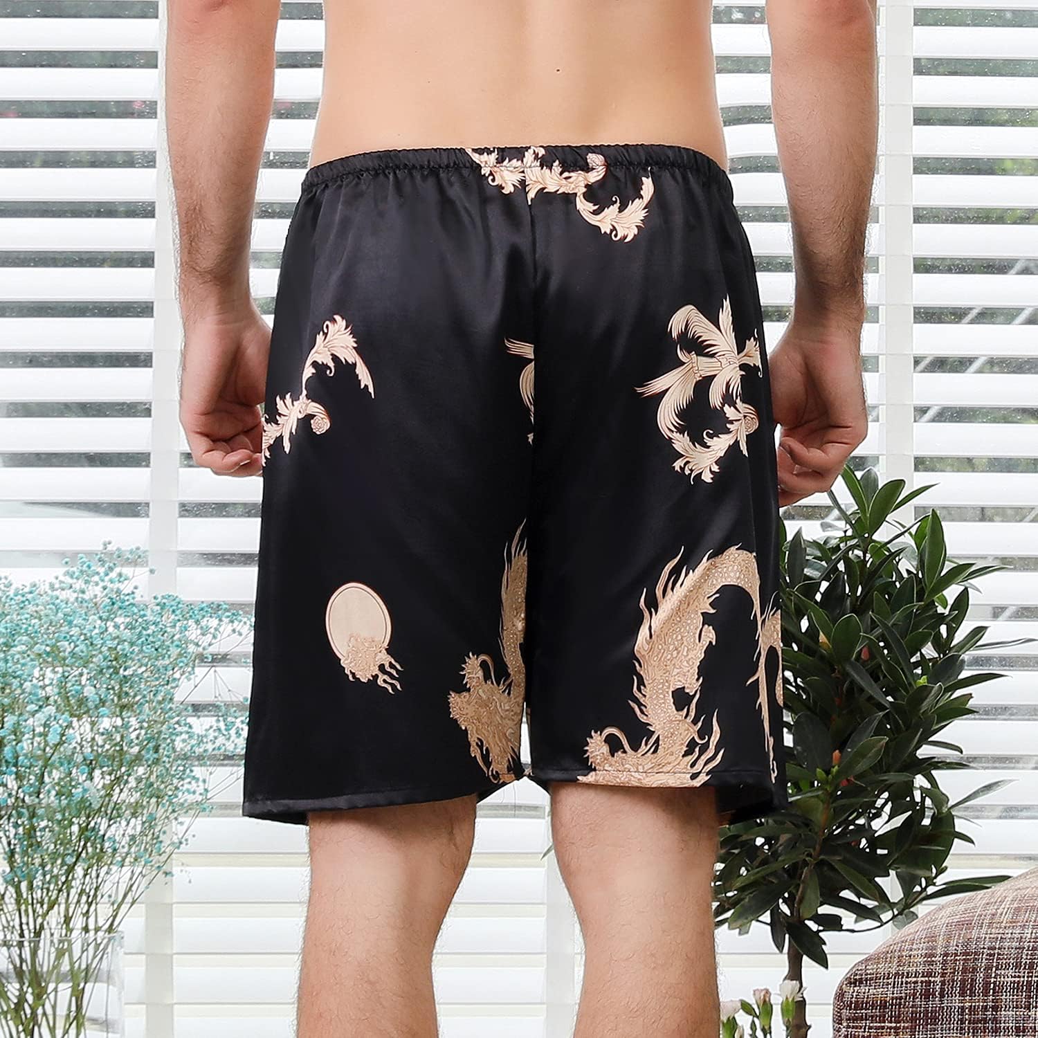 Lu's Chic Men's Satin Boxers Underwear Shorts Silk Dragon Luxury Loungewear Pajama Pants