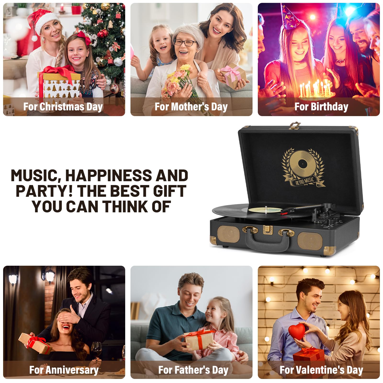 Giradischi in vinile Bluetooth portatile 3 velocità USB MP3 vintage valigia con altoparlanti integrati nero