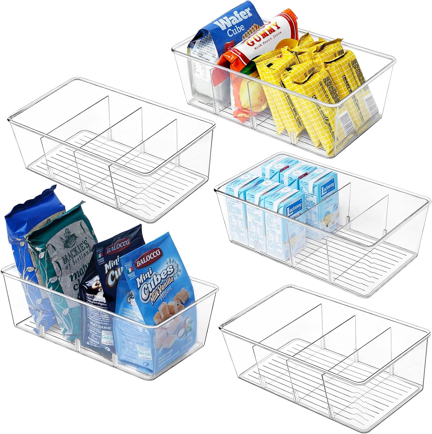 5-Pack Clear Pantry and Fridge Organizer Bins with Removable Dividers