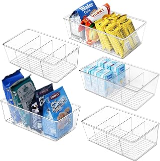 Pantry Organizer, 5 Pack Clear Organizer Bins with Removable Dividers, Pantry Organization and Storage, Fridge Organizer and Cabinet Organizer for Snack, Pouches, Spice Packets