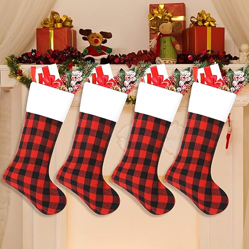 Miniatura 8 de Skylety - Calcetines de Navidad de 20 con tela a cuadros, piel sintética, para colgar en chimeneas, fiestas de Navidad en familia