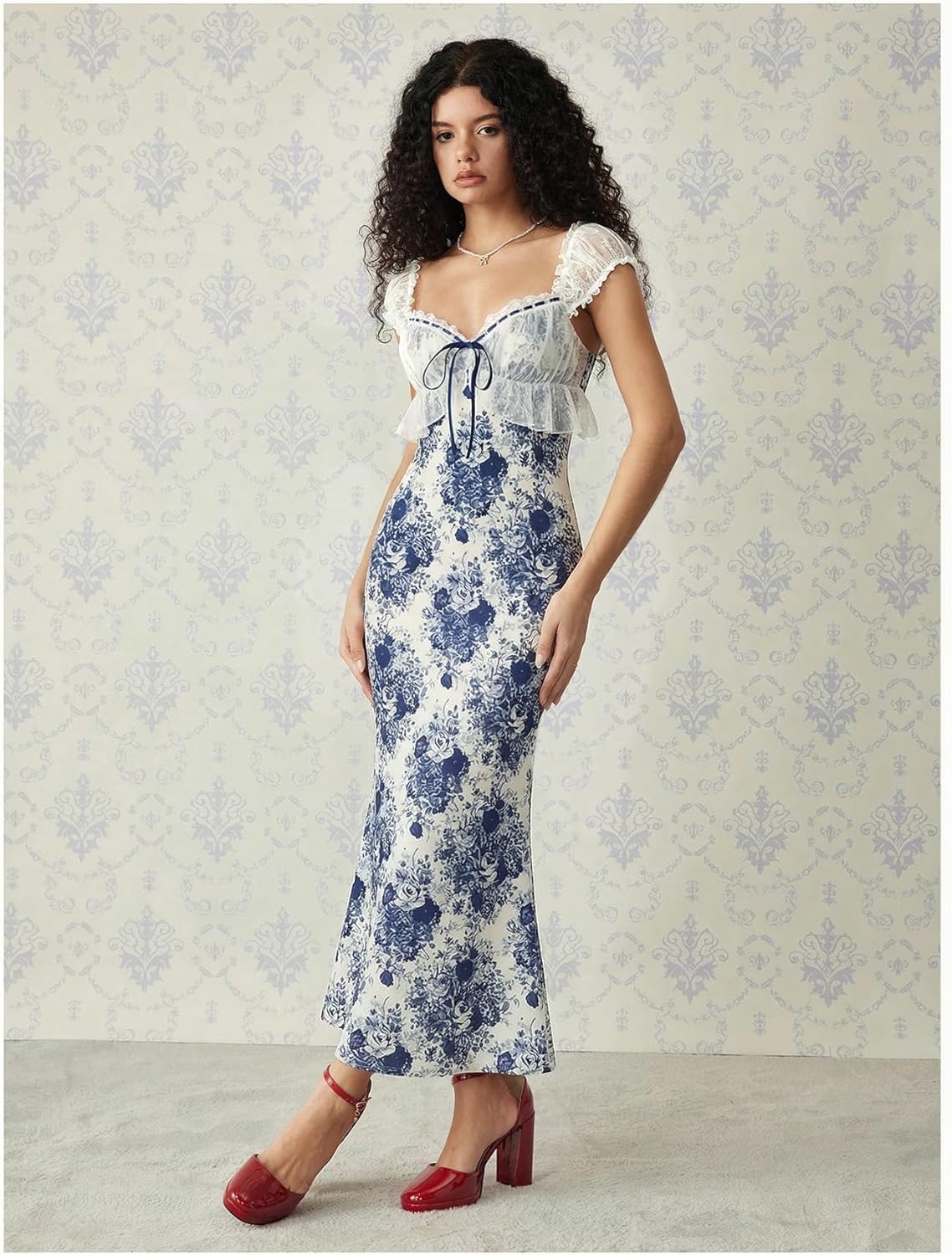 GORGLITTER Women's Lace Floral Tea Party Vintage Maxi Dress Summer Graduation Cocktail Wedding Guest Fishtail Sundress