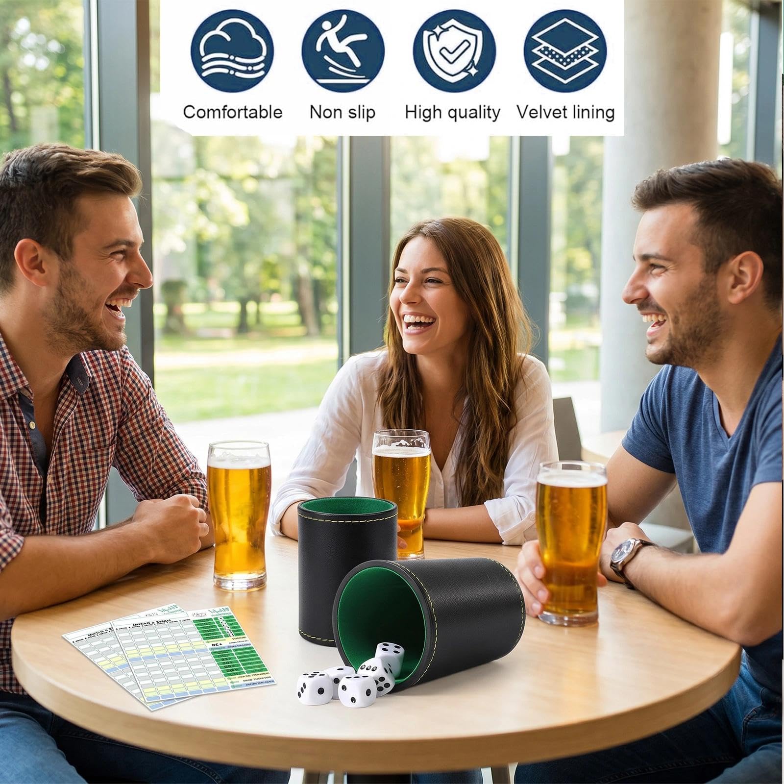 Set De Dés En Cuir PU – 5 Dés, Gobelet Avec Doublure Insonorisée, 50 Feuilles De Score – Soirées Jeux, Bars, Voyages – Cadeau Original